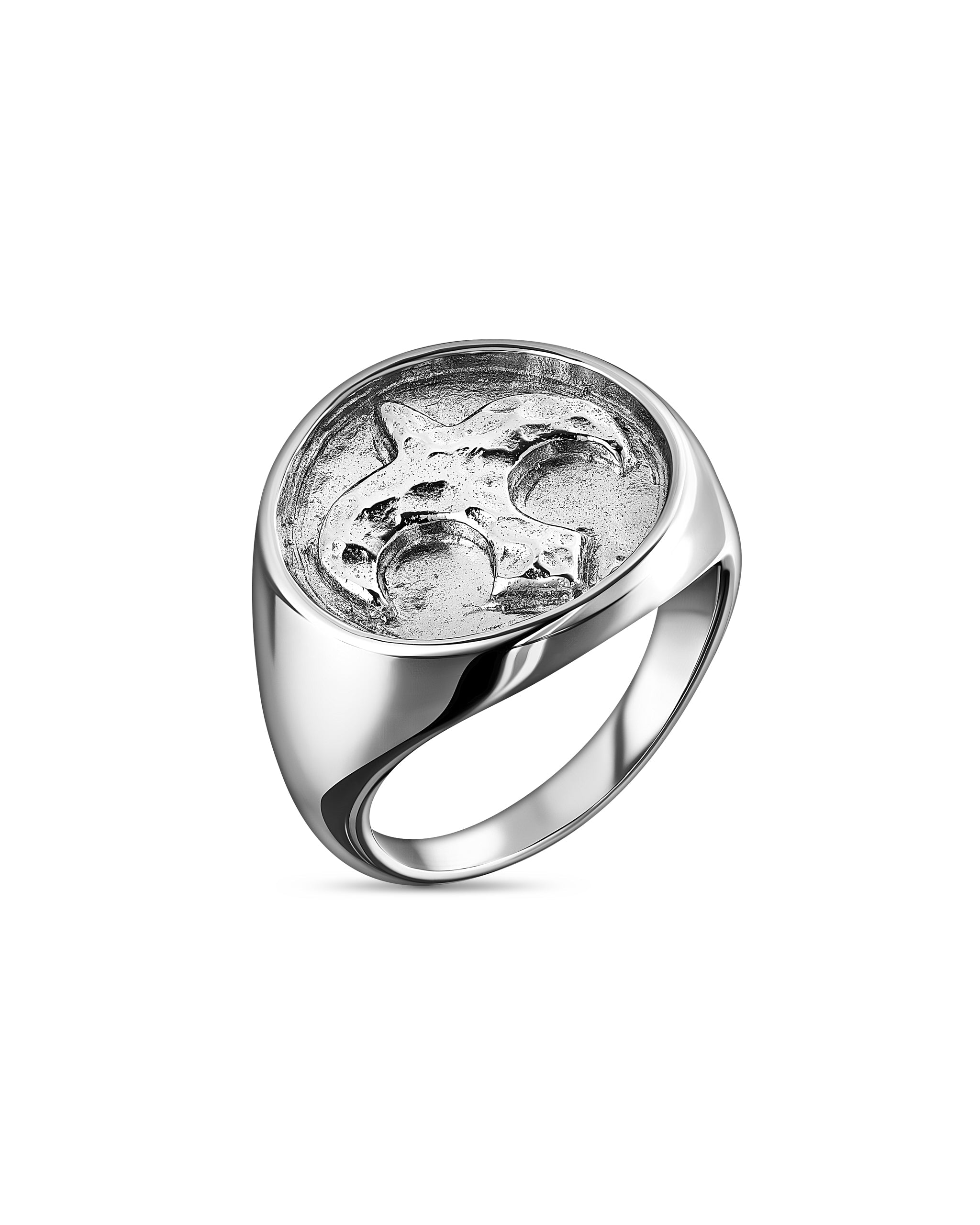 Silver ring with bird design on a white background