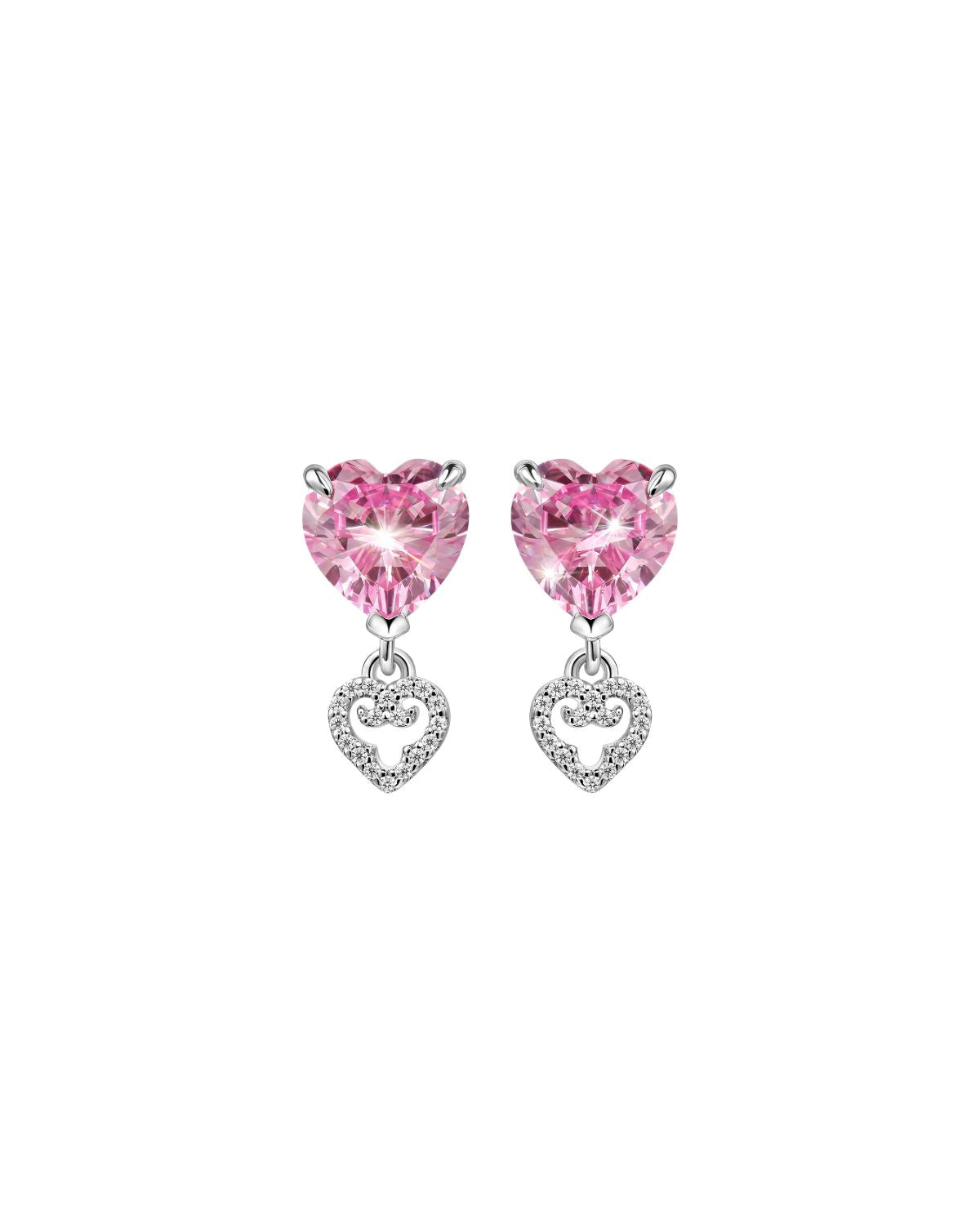 Two Hearts Stud Earrings | Pink Stone | Silver