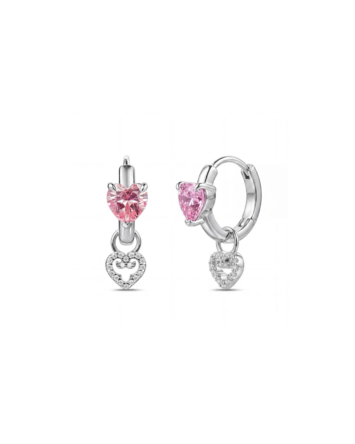 Two Hearts Hoop Earrings | Pink Stone | Silver