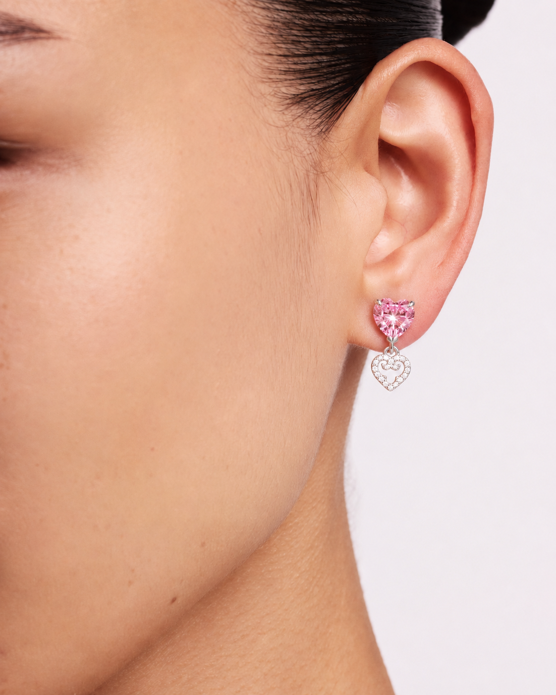 Two Hearts Stud Earrings | Pink Stone | Silver