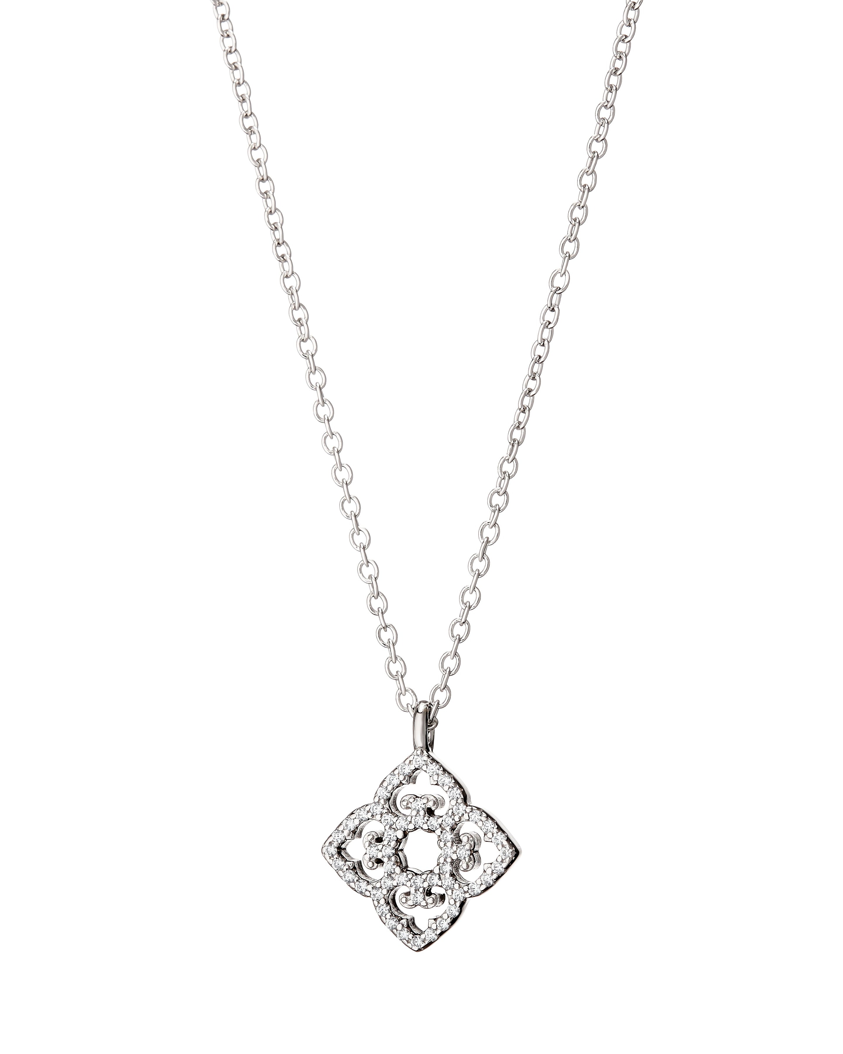 Silver necklace with a diamond pendant on a white background