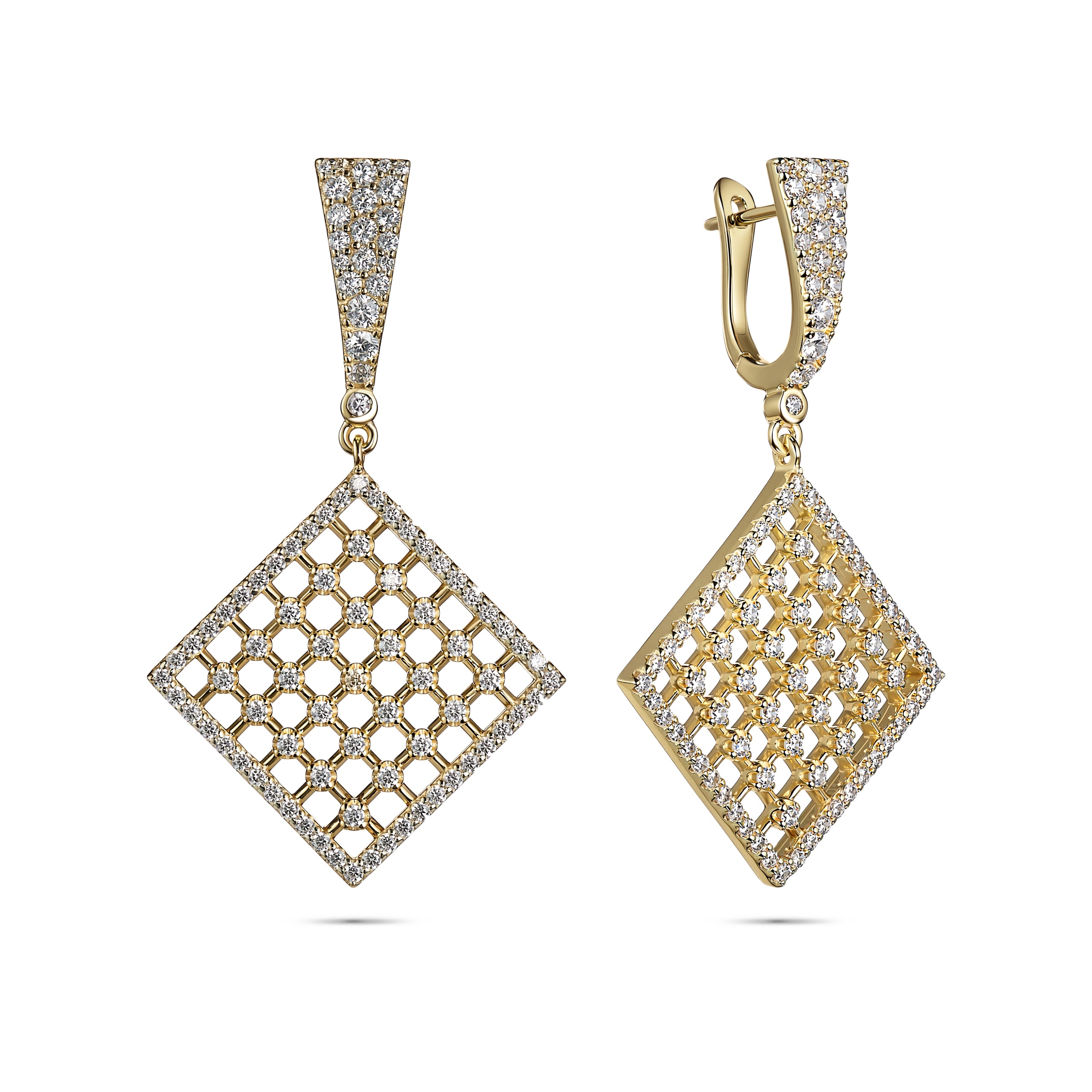 Gold earrings with diamond lattice design on a white background
