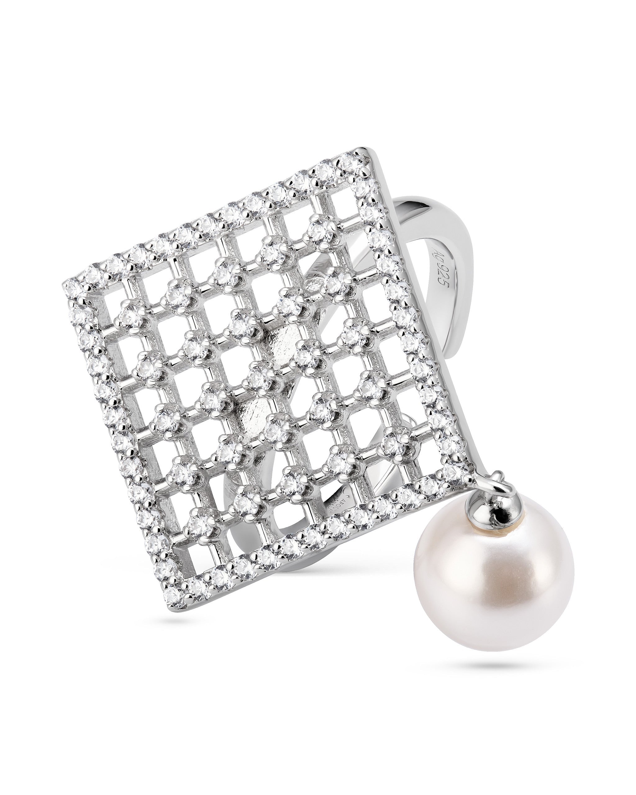 Silver earring with grid design and pearl on a white background
