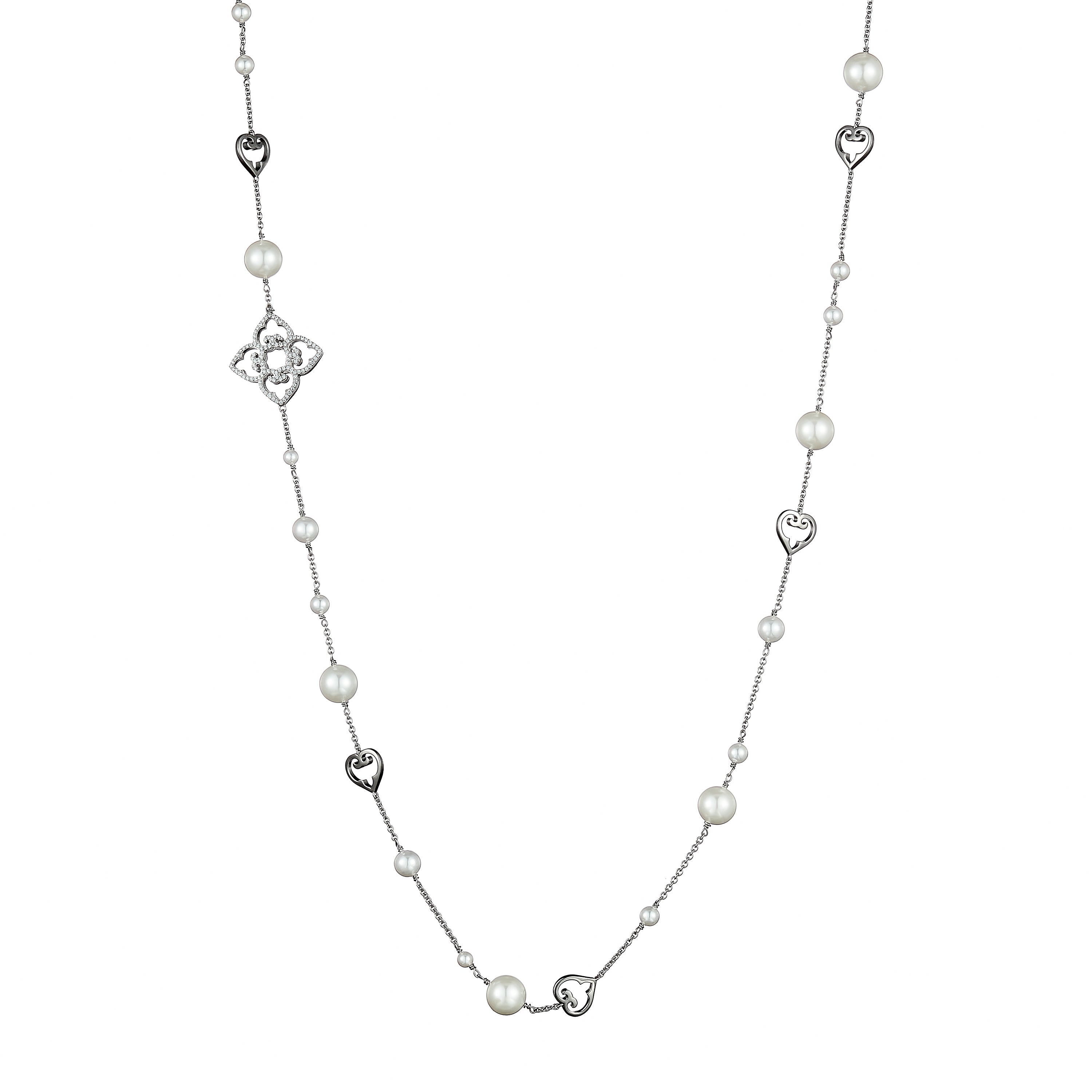 Pearl necklace with heart and clover-shaped clasps on a white background