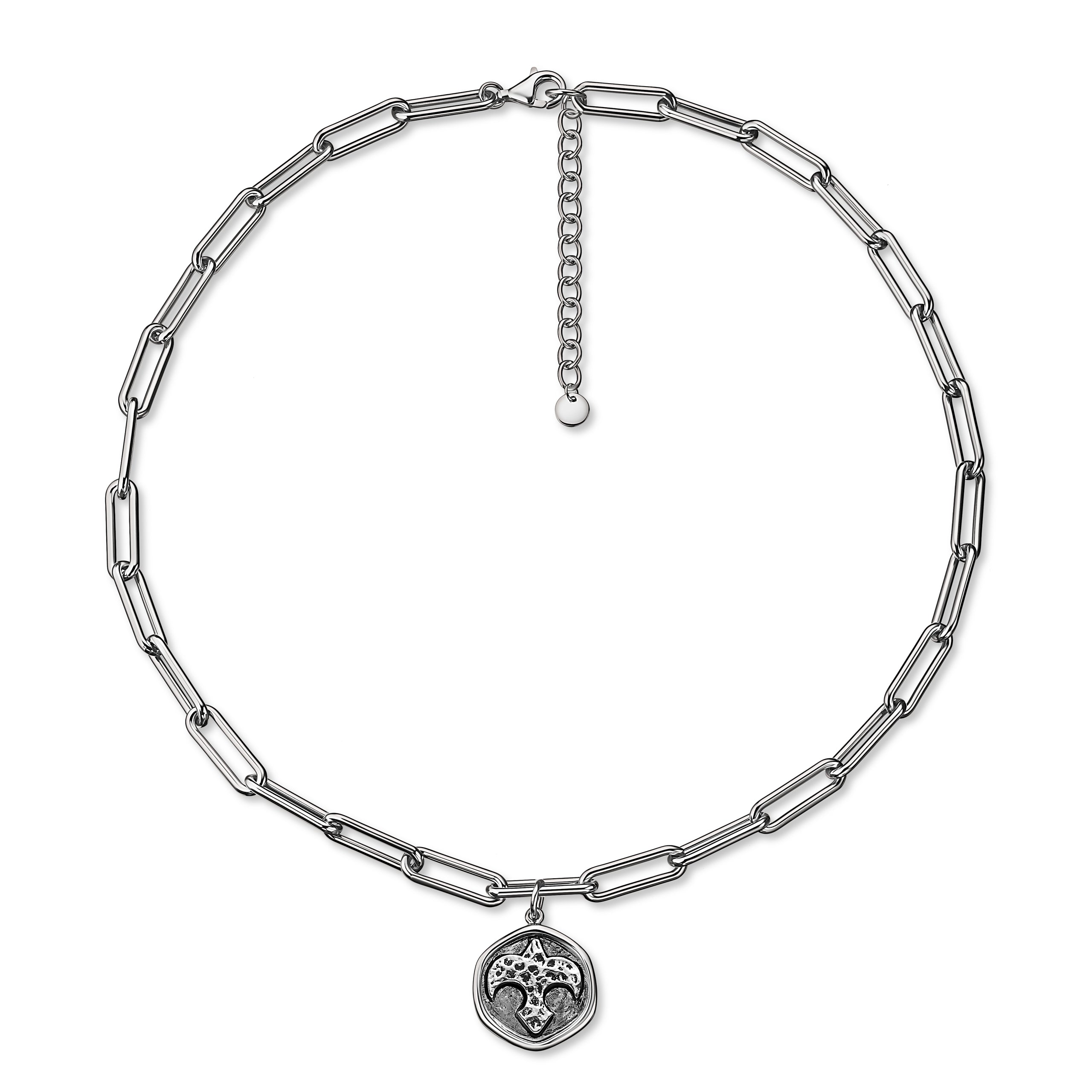 Silver chain necklace with a heart-shaped pendant on a white background