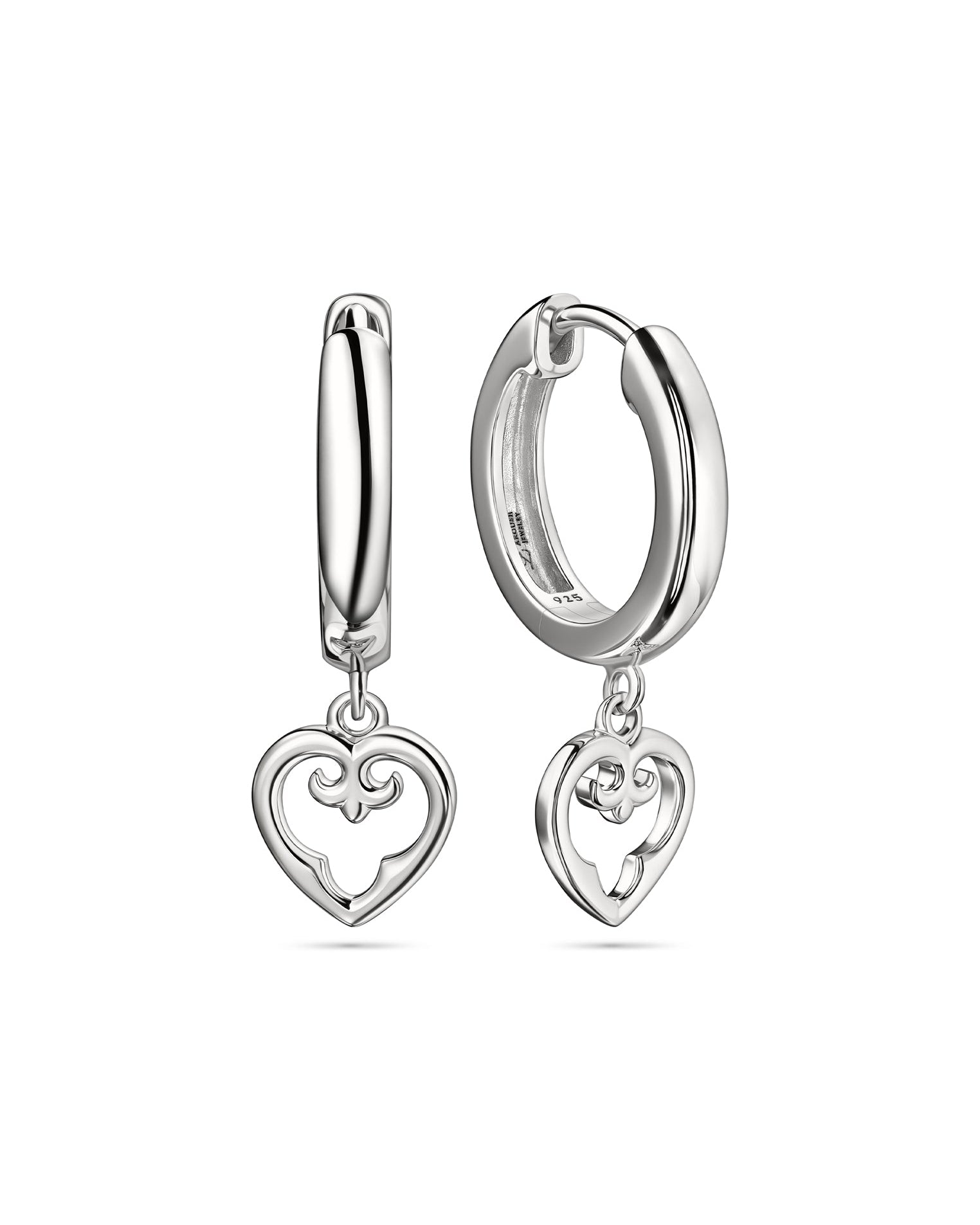 Pair of silver hoop earrings with heart-shaped charms on a white background