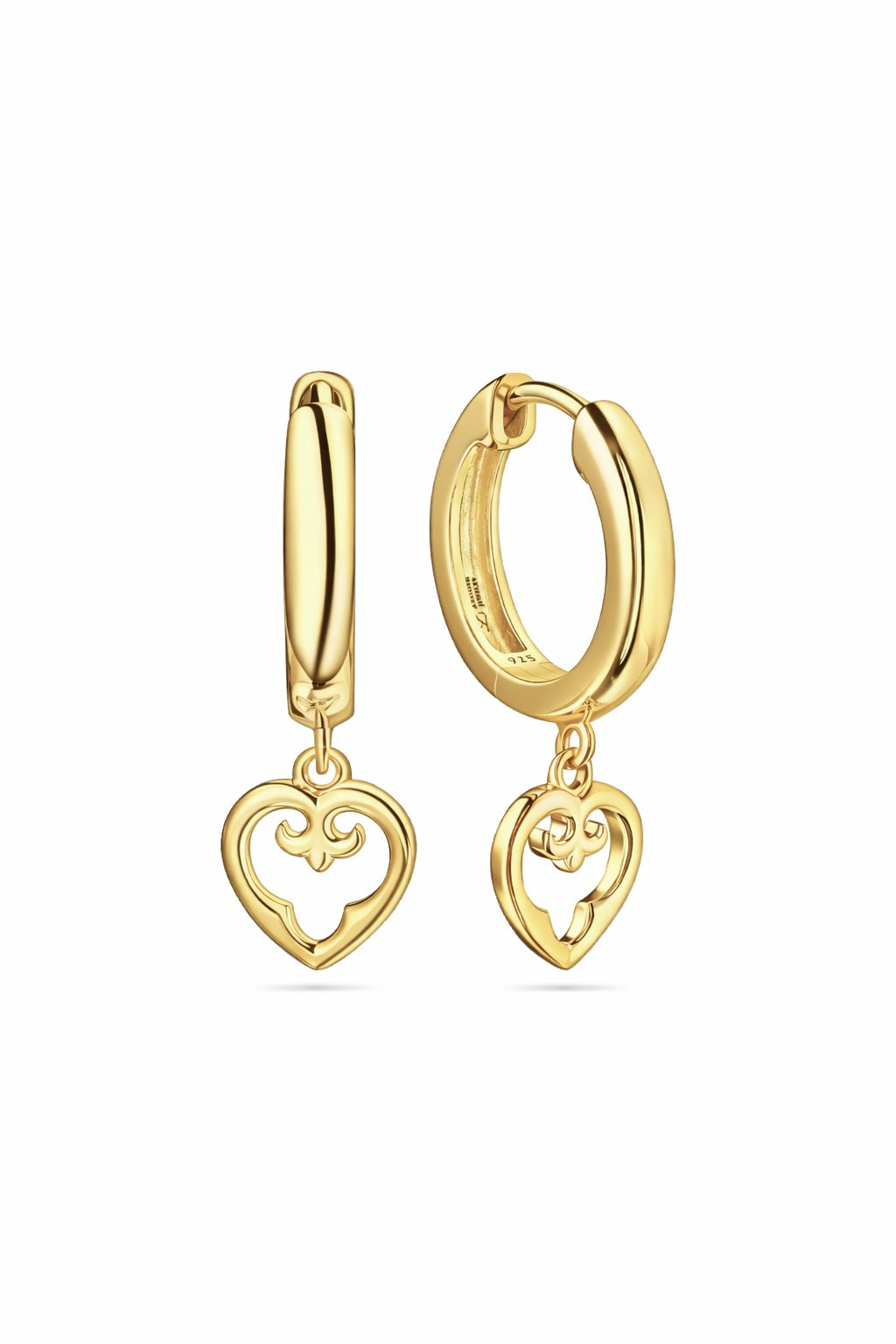 Gold hoop earrings with heart-shaped charms on a white background