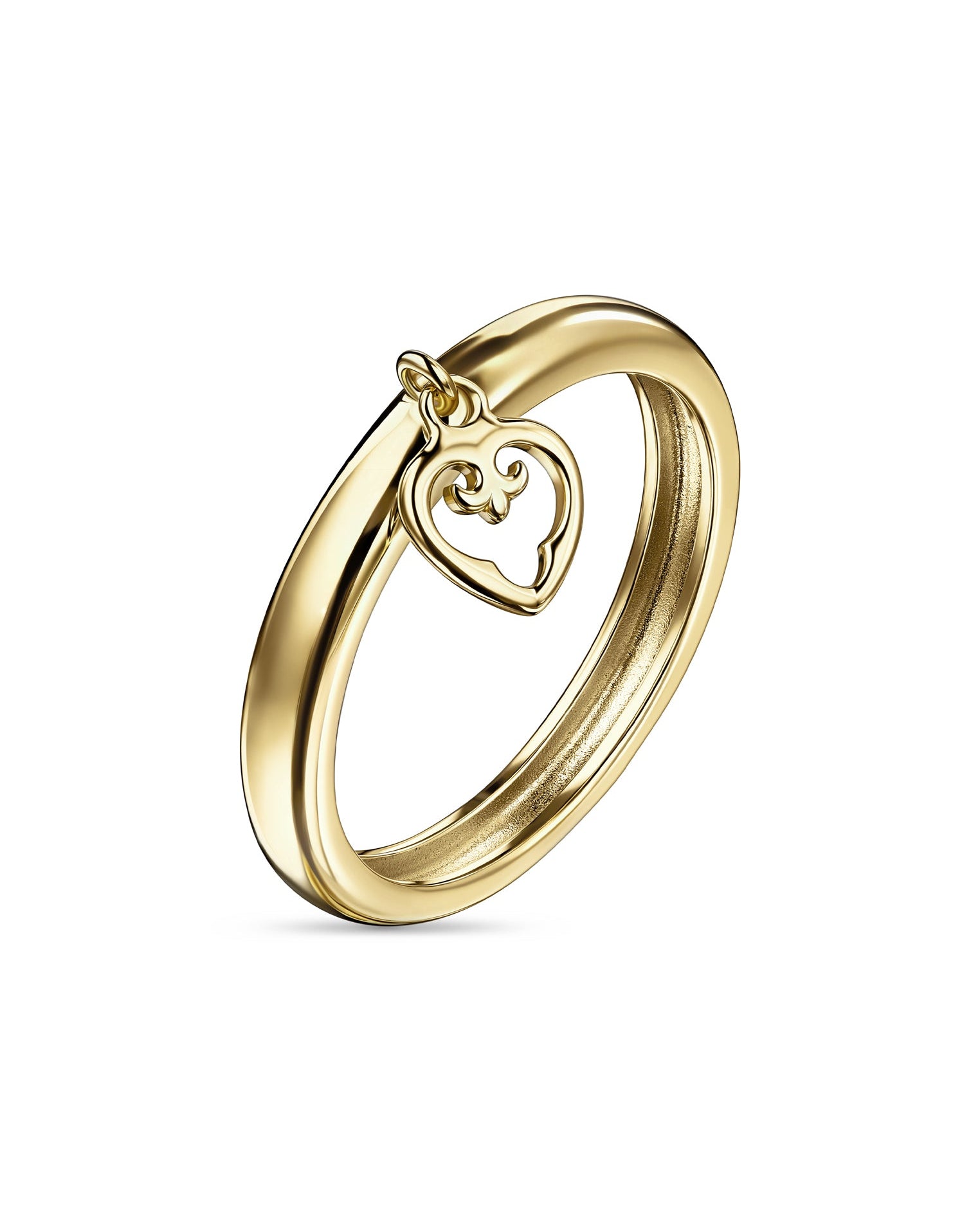 Gold ring with a heart-shaped design on a white background