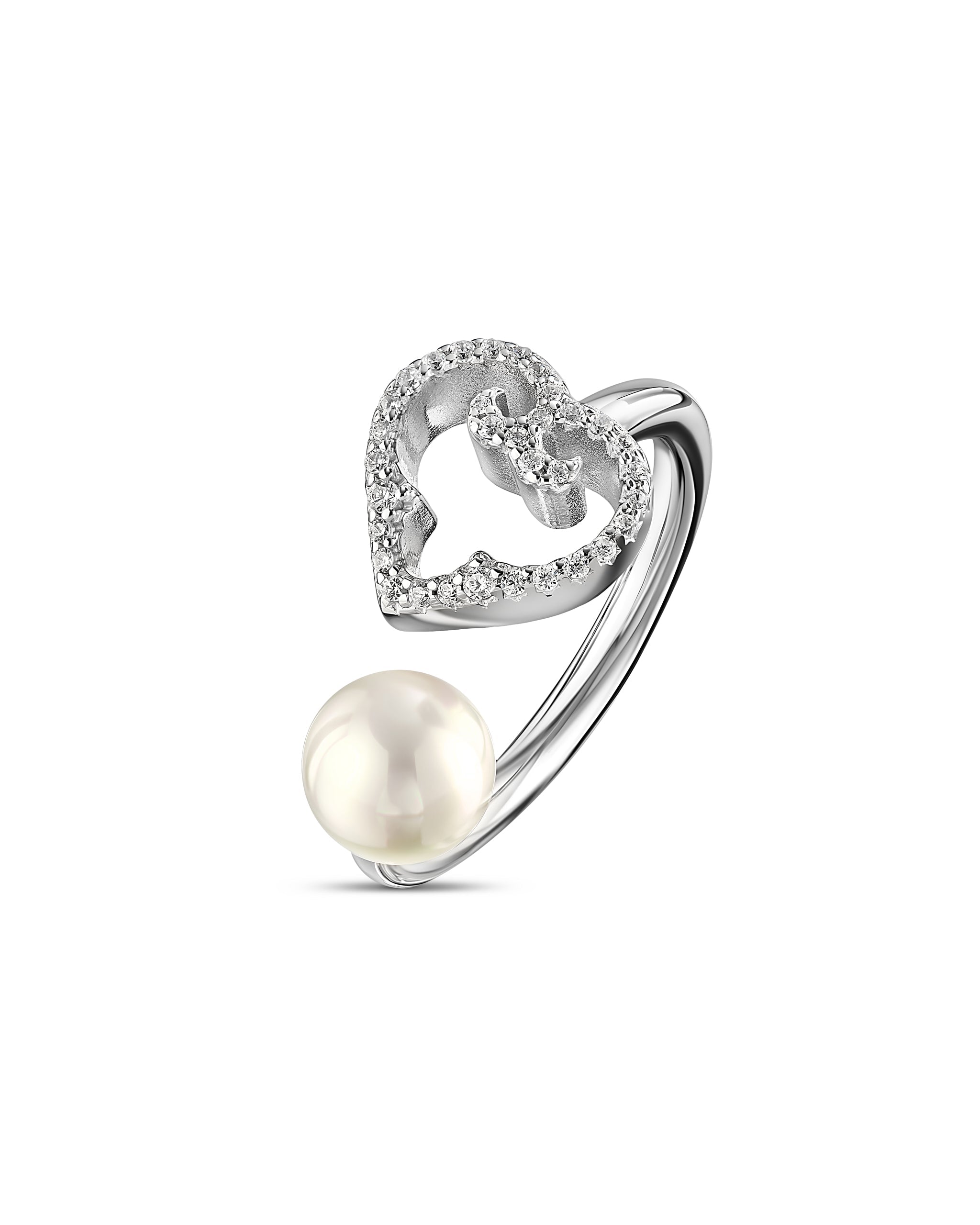 Silver ring with a pearl on a white background
