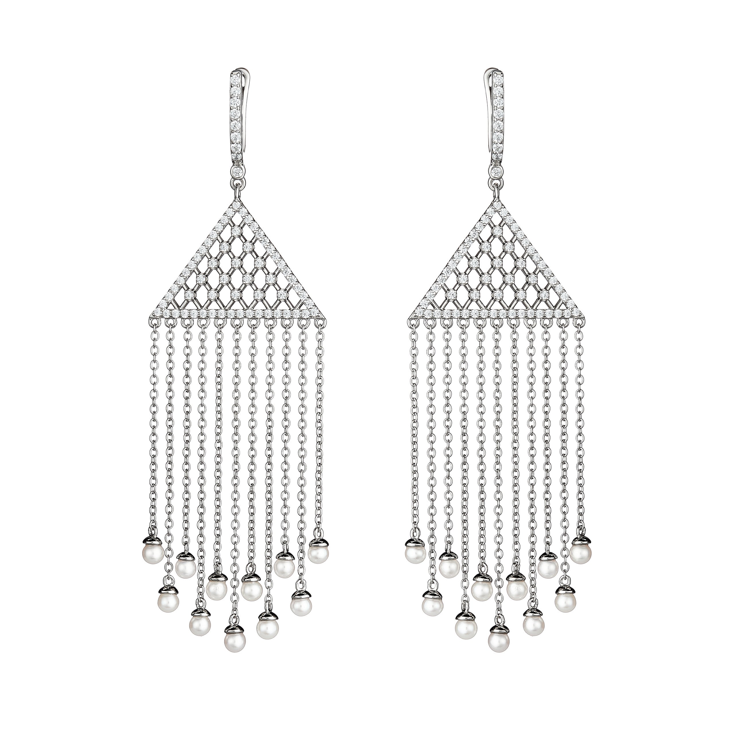 Pair of silver chain earrings with dangling beads on a white background