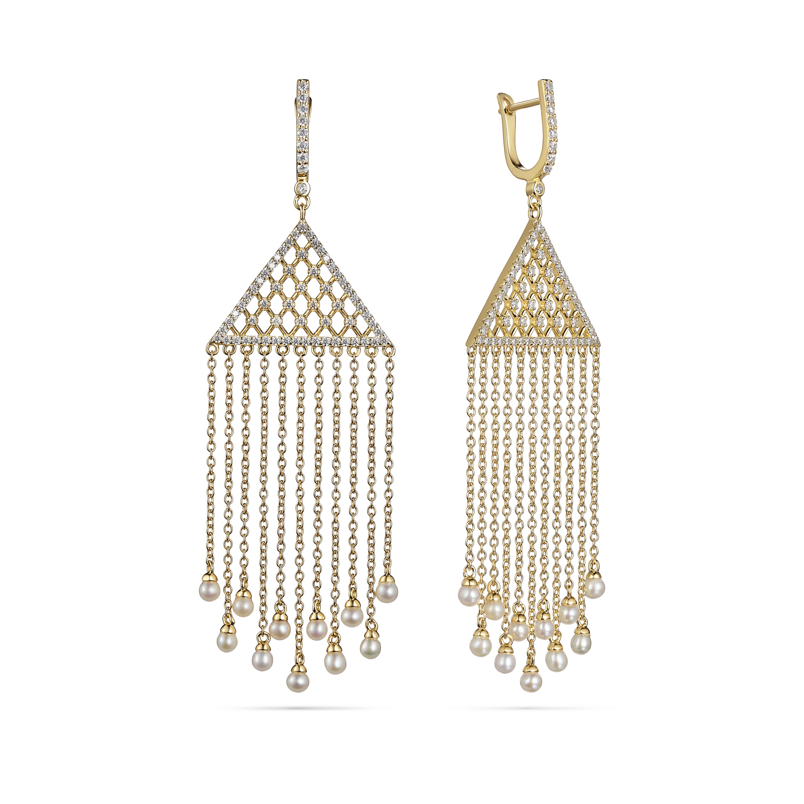 Gold and pearl chandelier earrings on a white background
