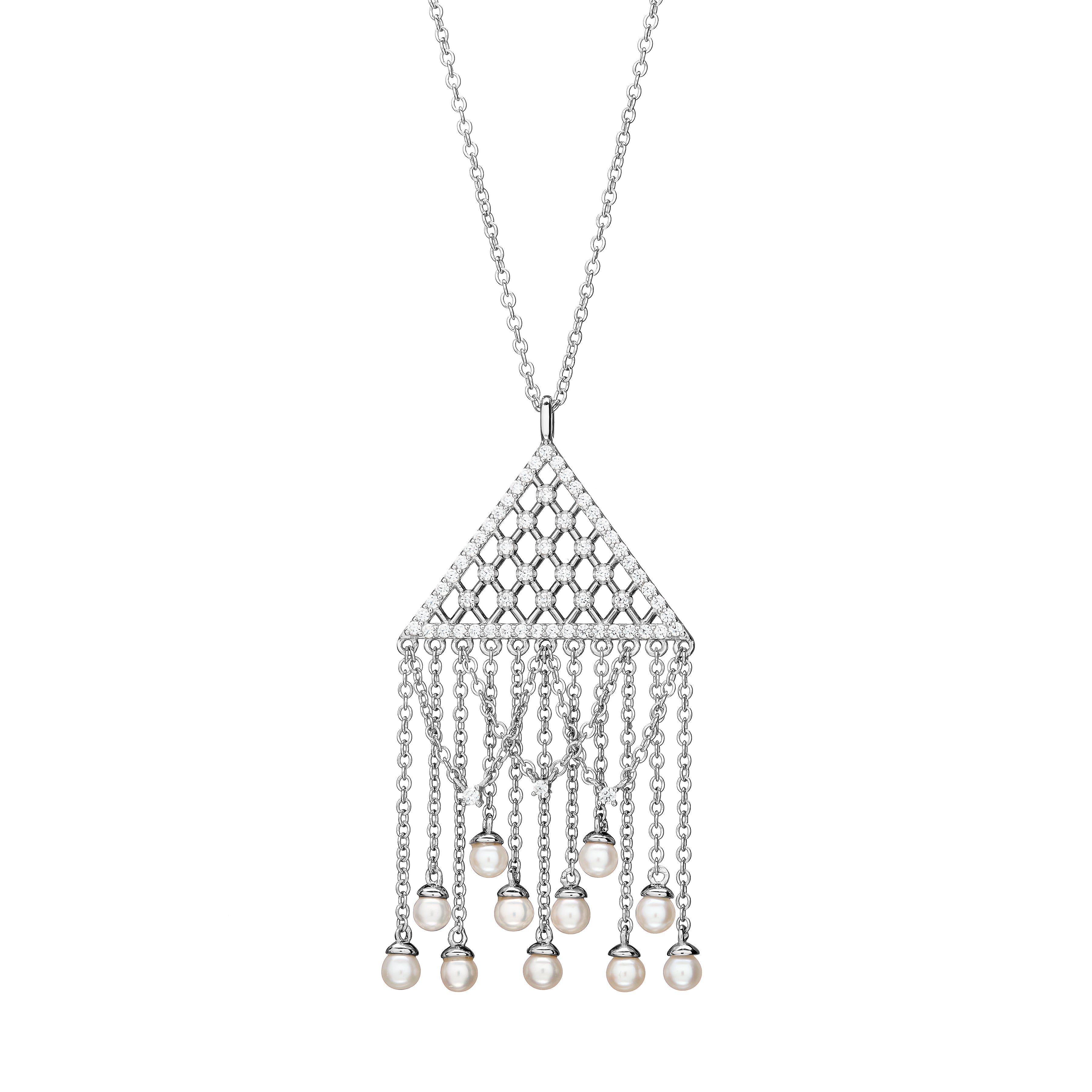 Silver necklace with a teardrop-shaped pendant and pearl drops on a white background
