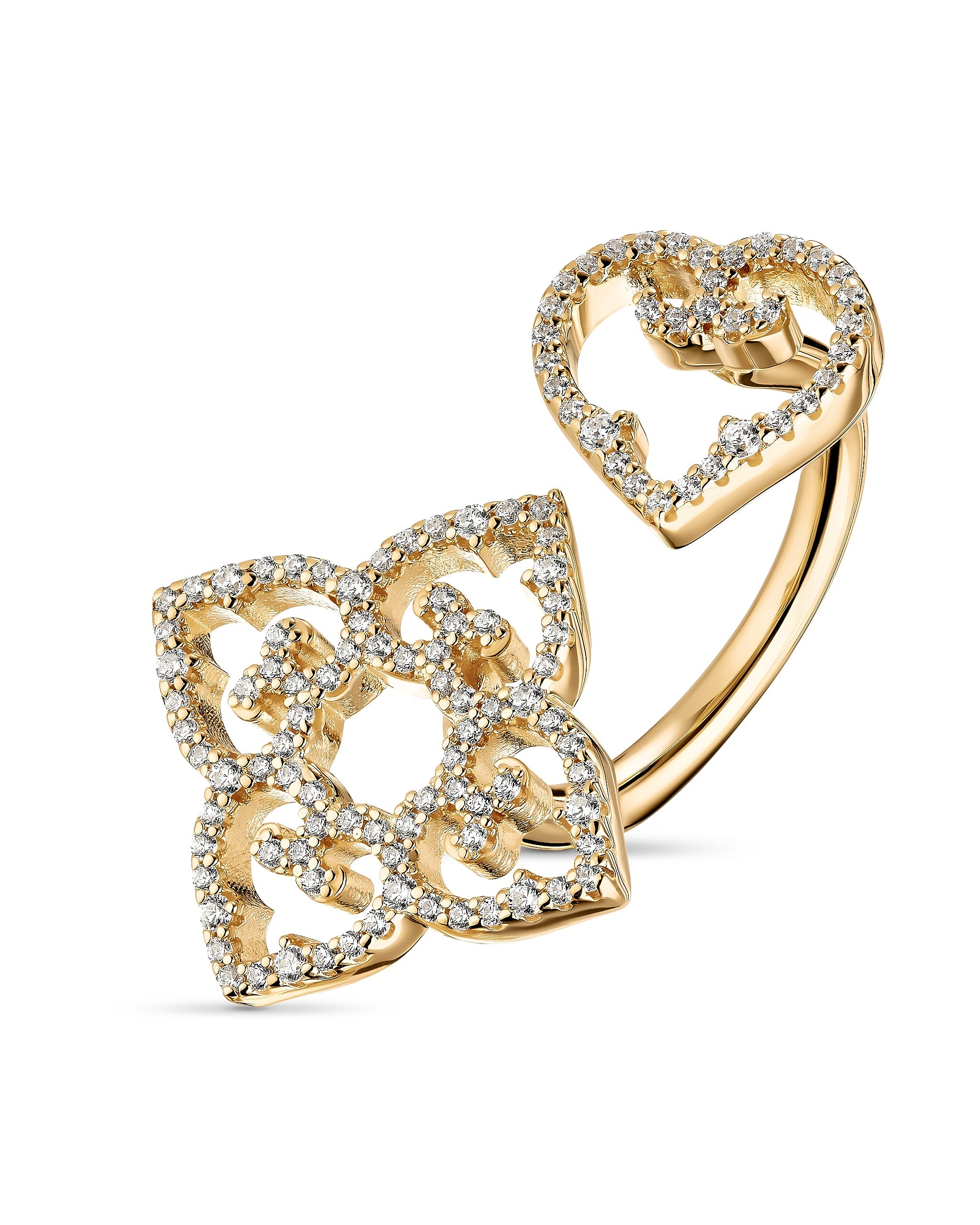 Gold heart-shaped earring with diamond accents on a white background