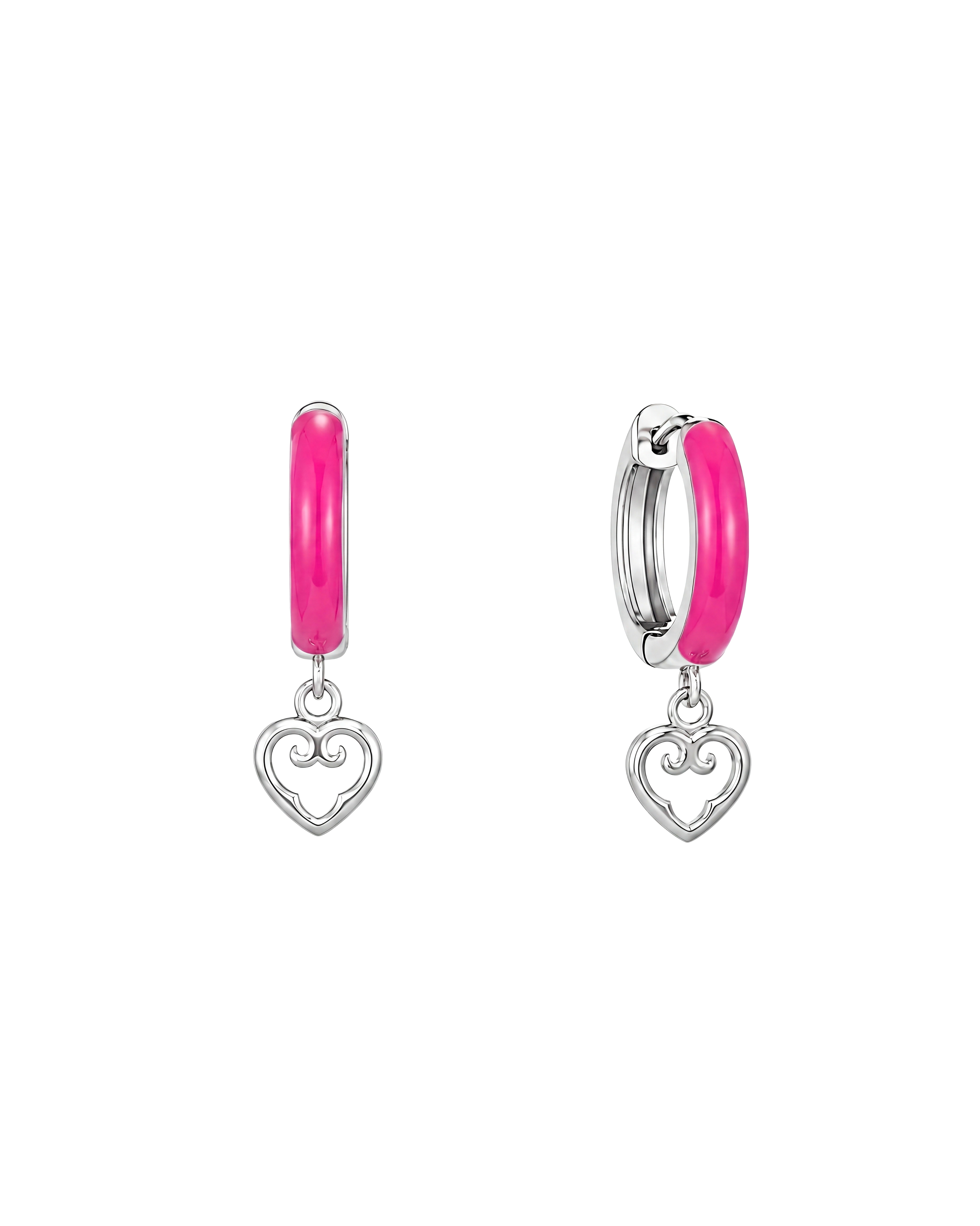 Pink Enamel Heart Earrings | Rhodium
