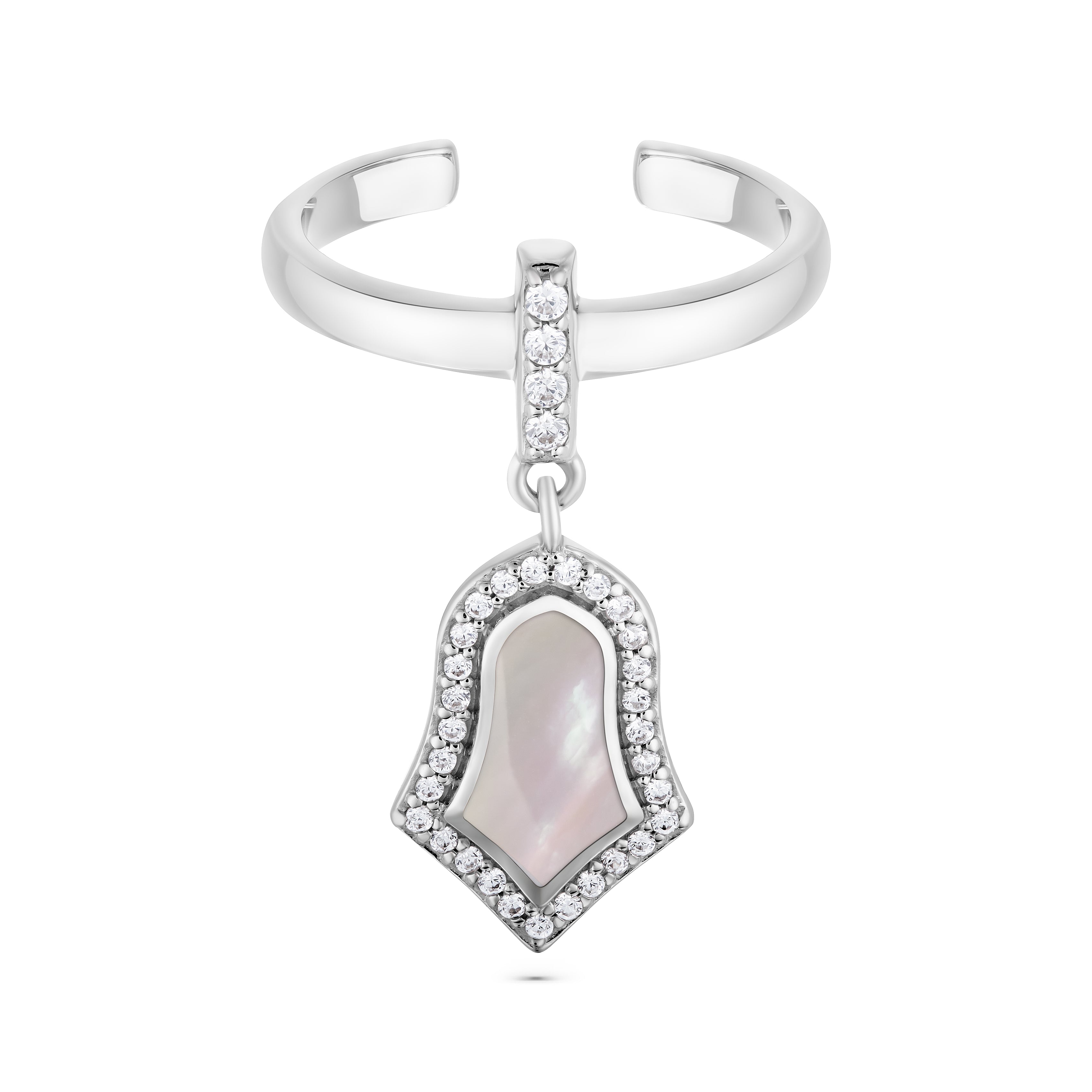 Silver open ring with a pendant featuring a pink stone and clear stones on a white background