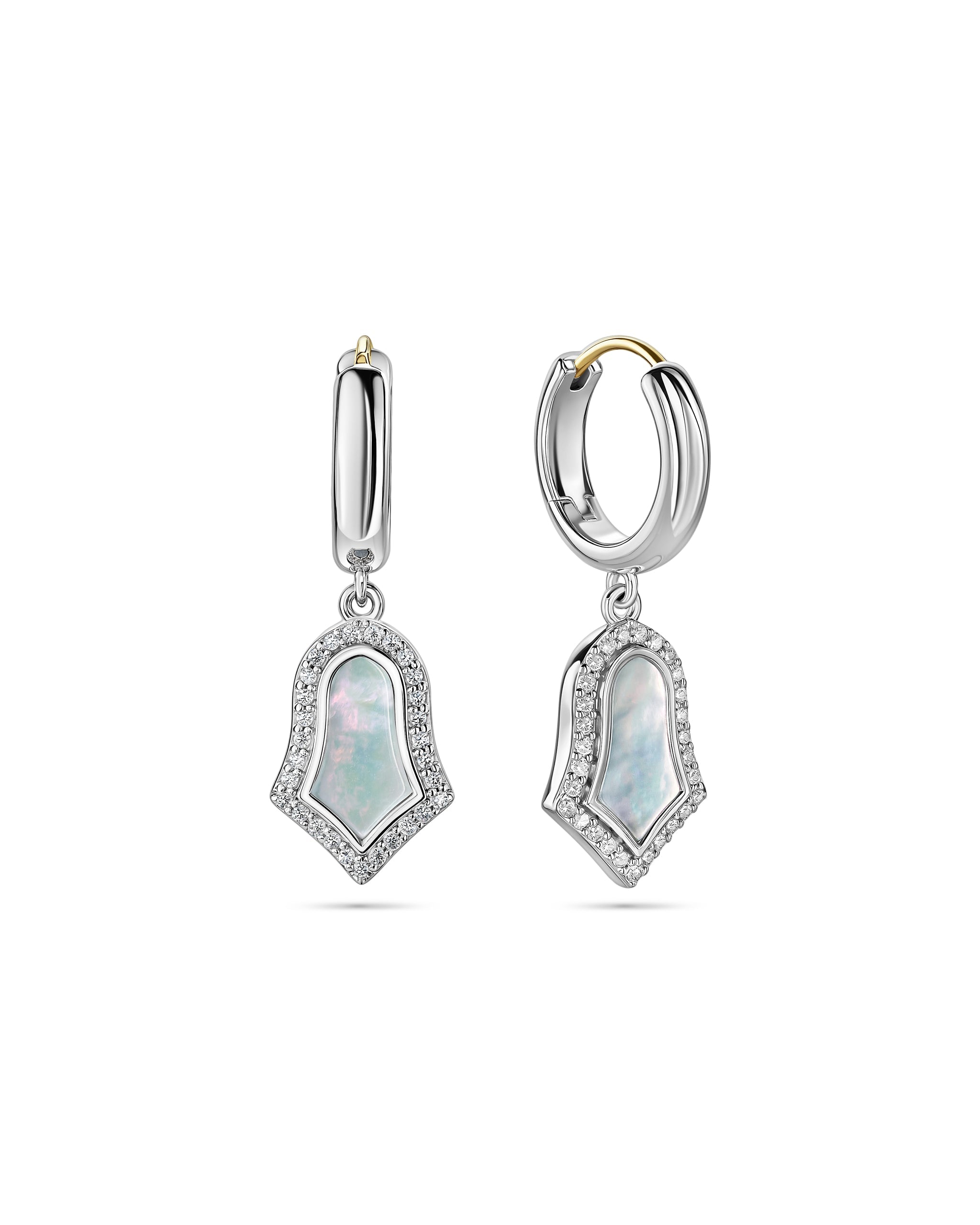 Pair of silver hoop earrings with gemstone drops on a white background