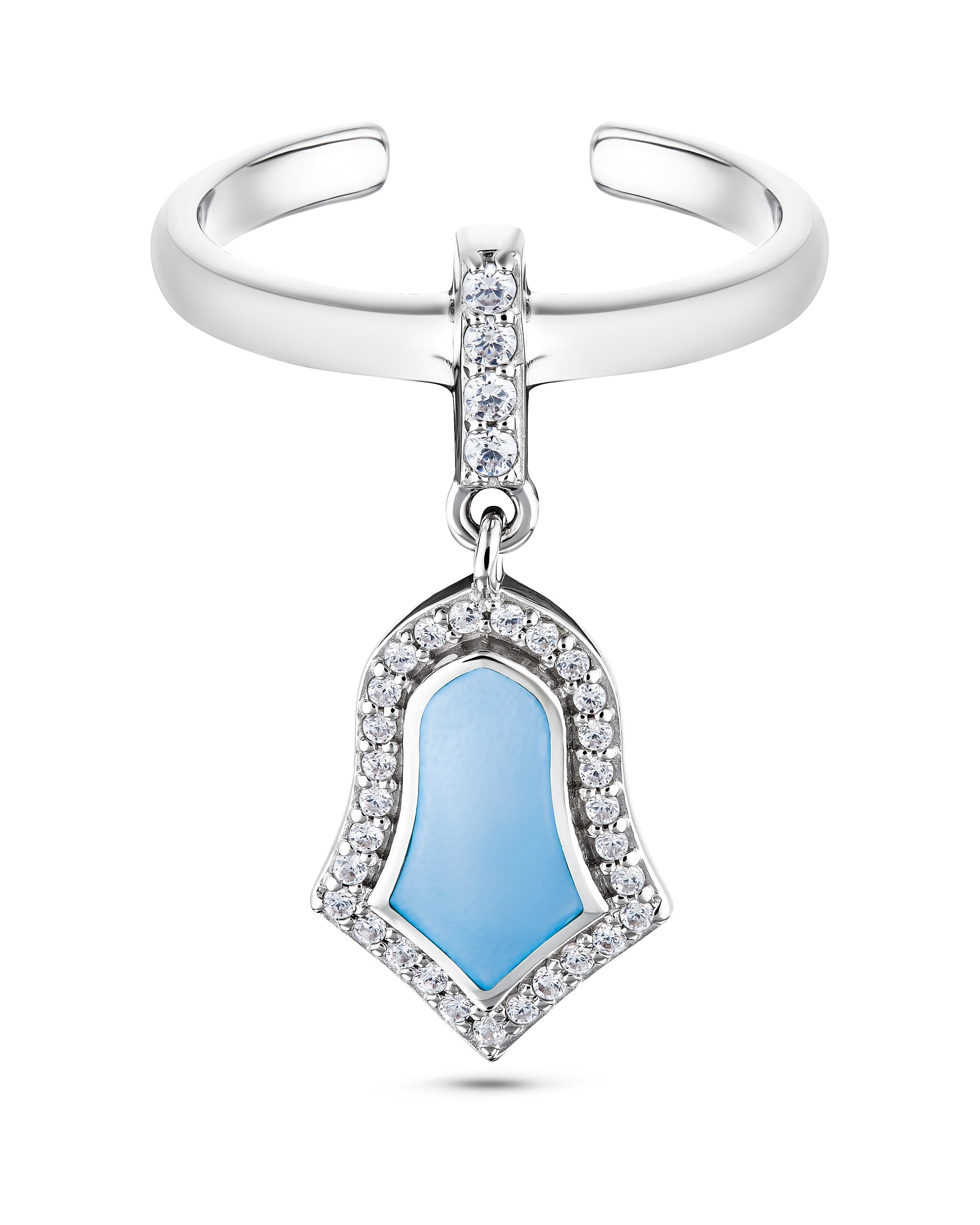 Silver open ring with a blue teardrop pendant and clear stones on a white background