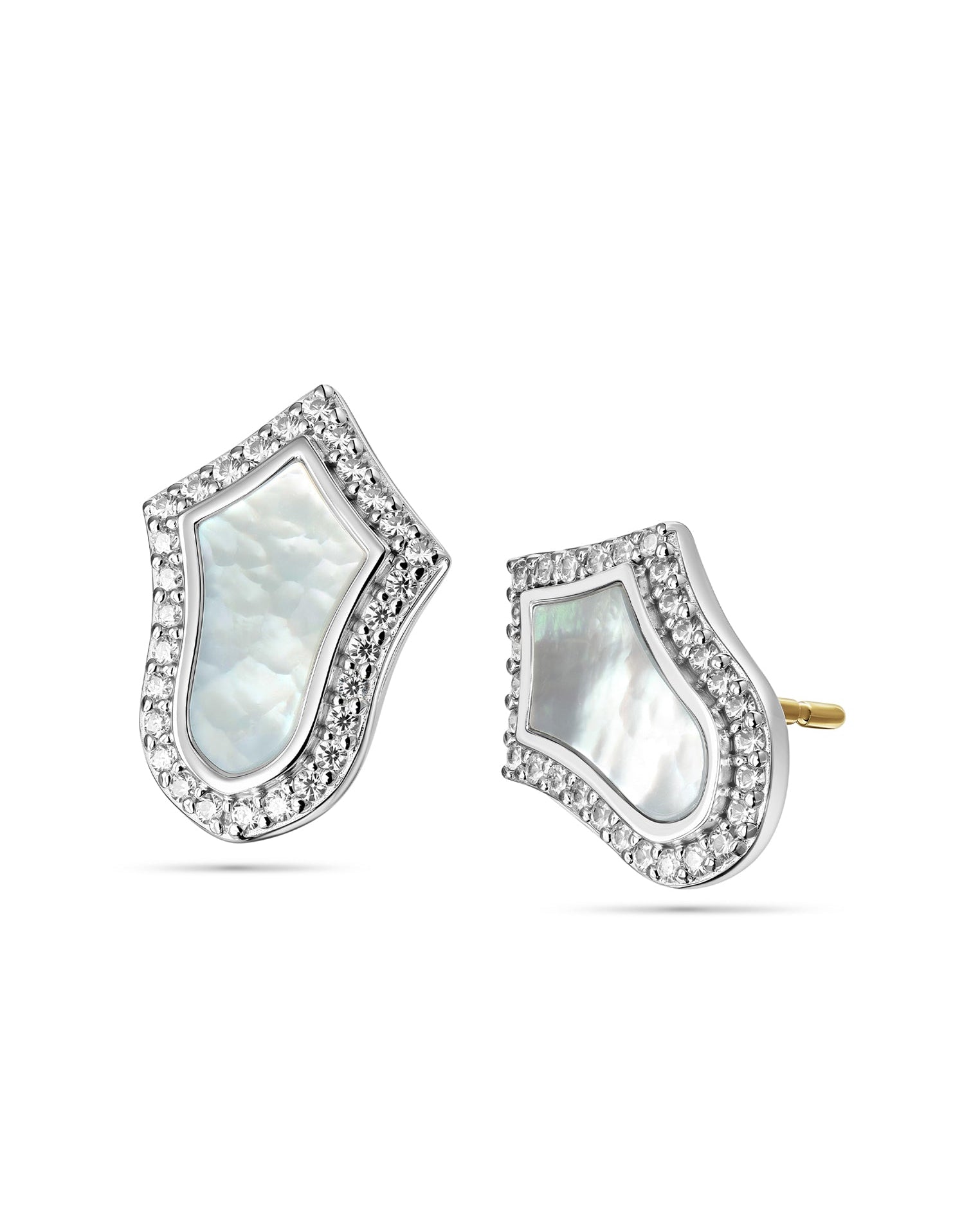 Pair of earrings with a white stone and gold accents on a white background