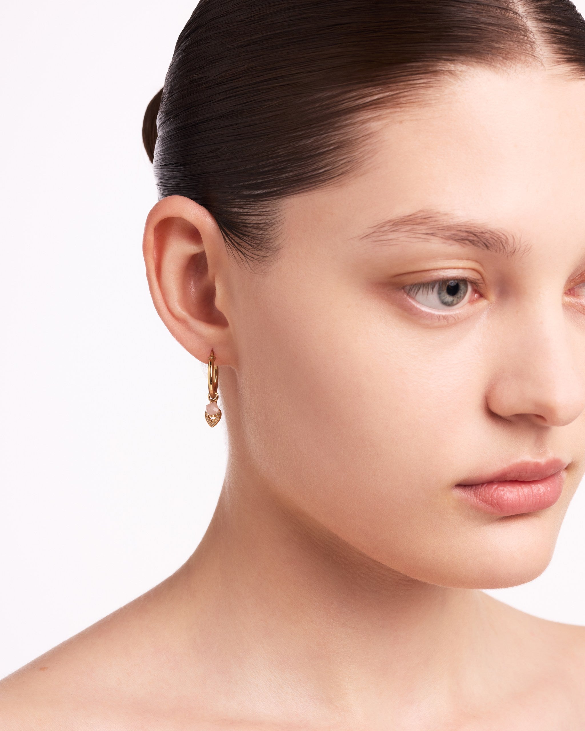 Heart Hoop Earrings | Pink Agate | Yellow Gold