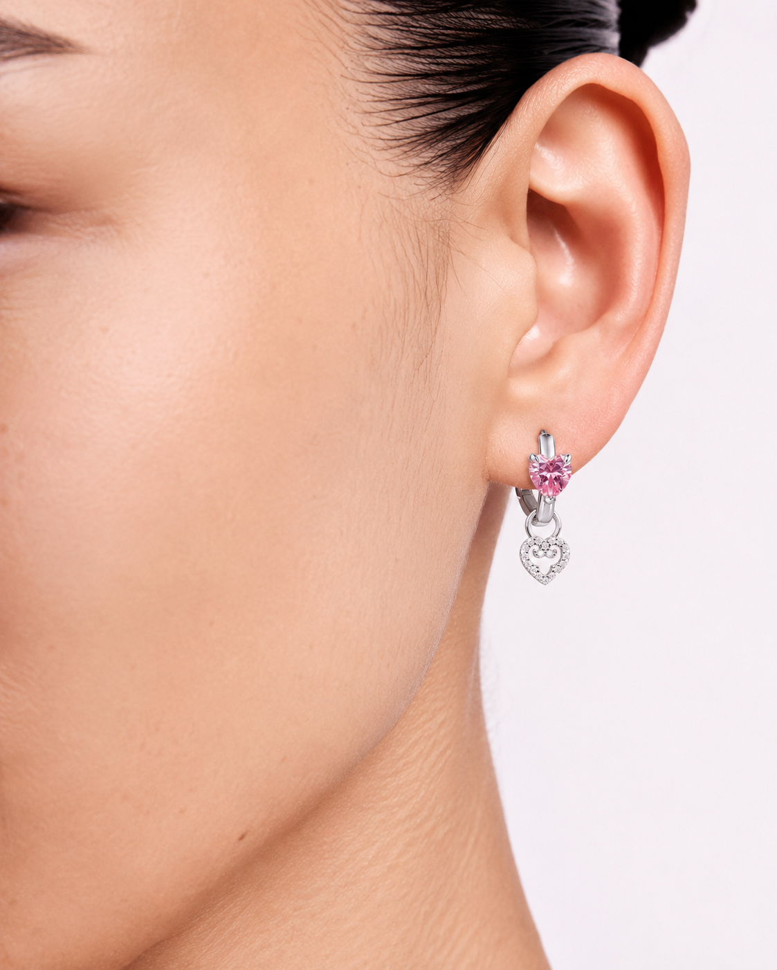Two Hearts Hoop Earrings | Pink Stone | Silver