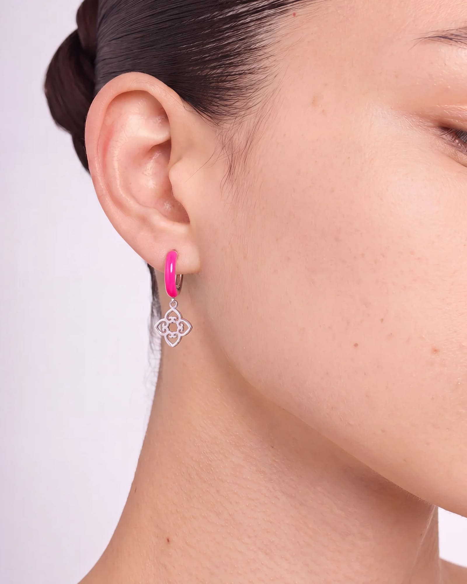 Classic Pink Enamel Earrings | Rhodium