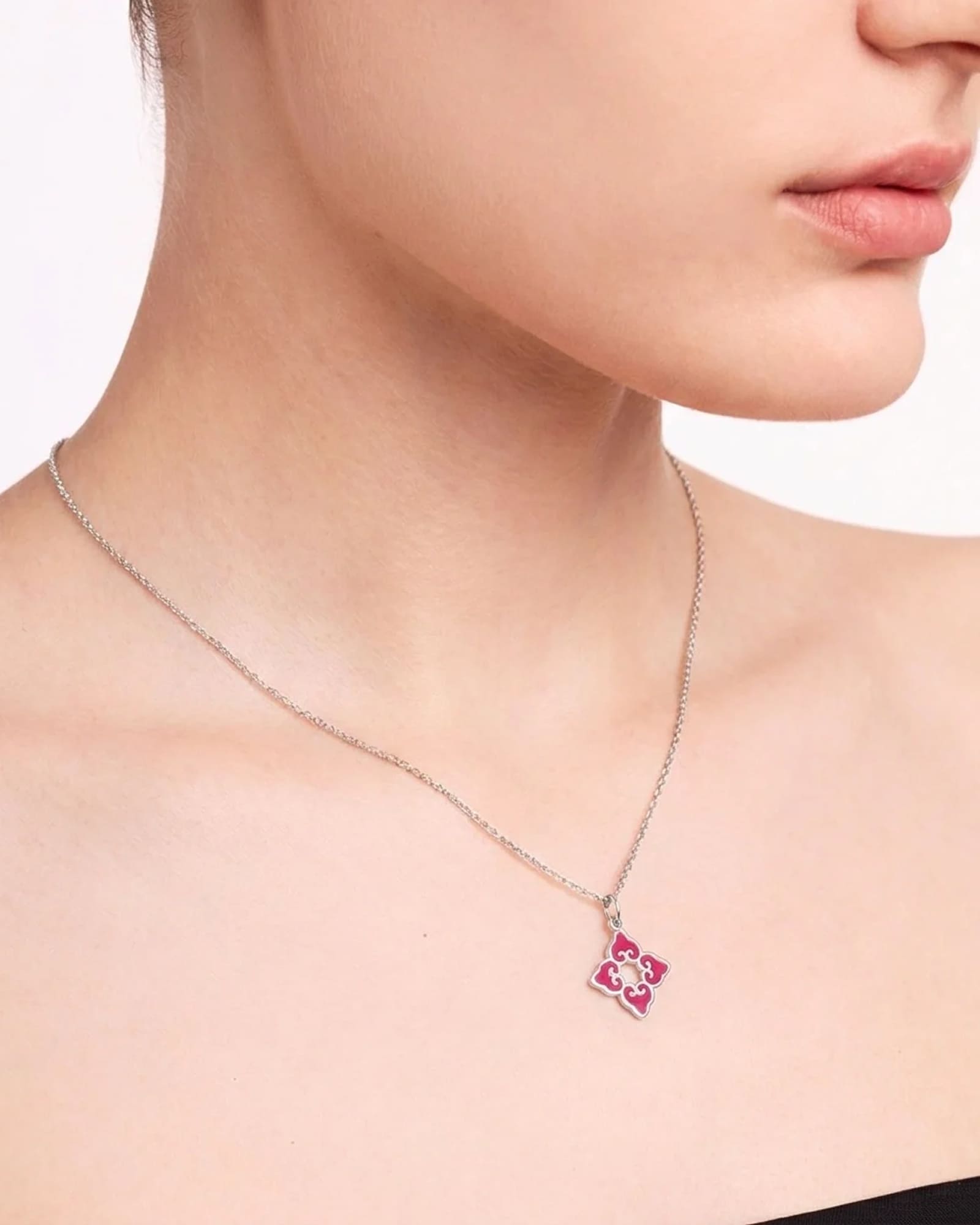 Classic Pink Enamel Pendant | Rhodium