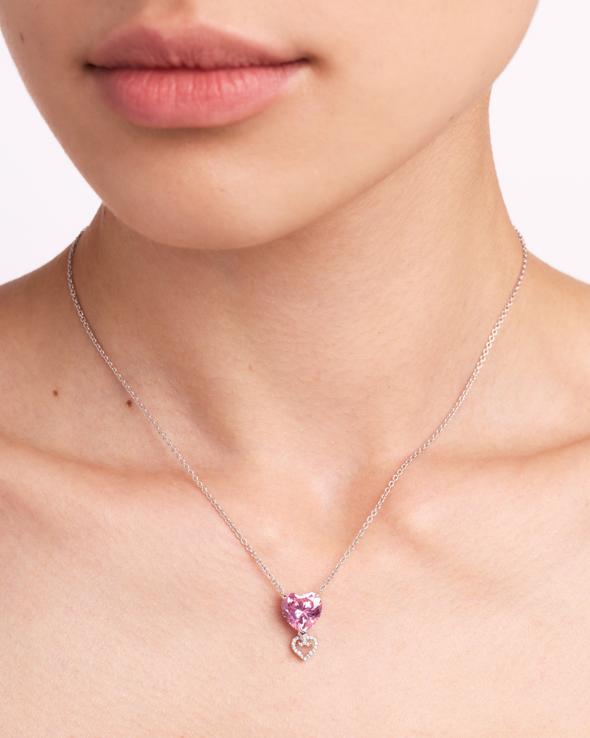 Two Hearts Pendant | Pink Stone | Rhodium
