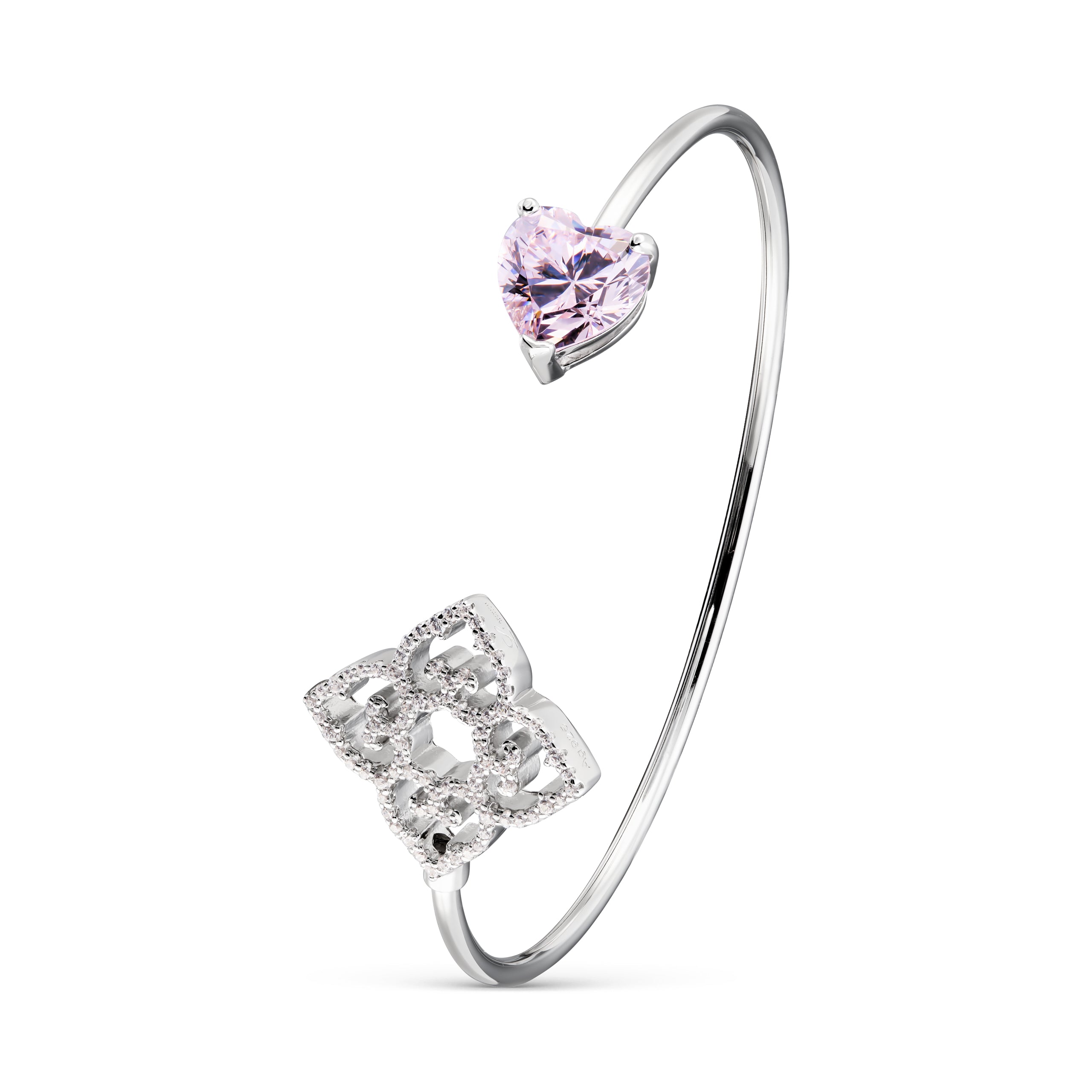 Silver open bangle with a pink heart-shaped gemstone on a white background