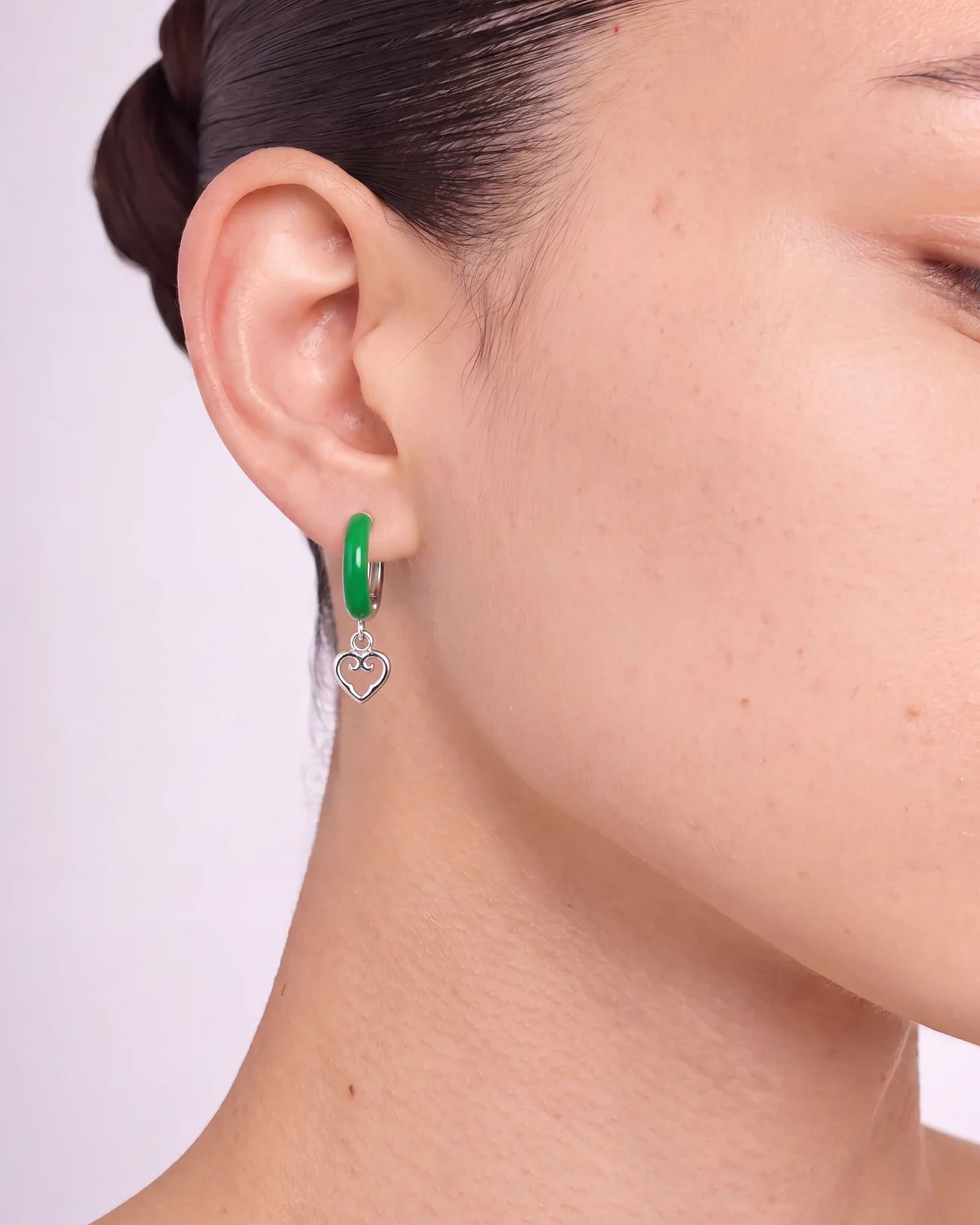 Green Enamel Heart Earrings | Rhodium