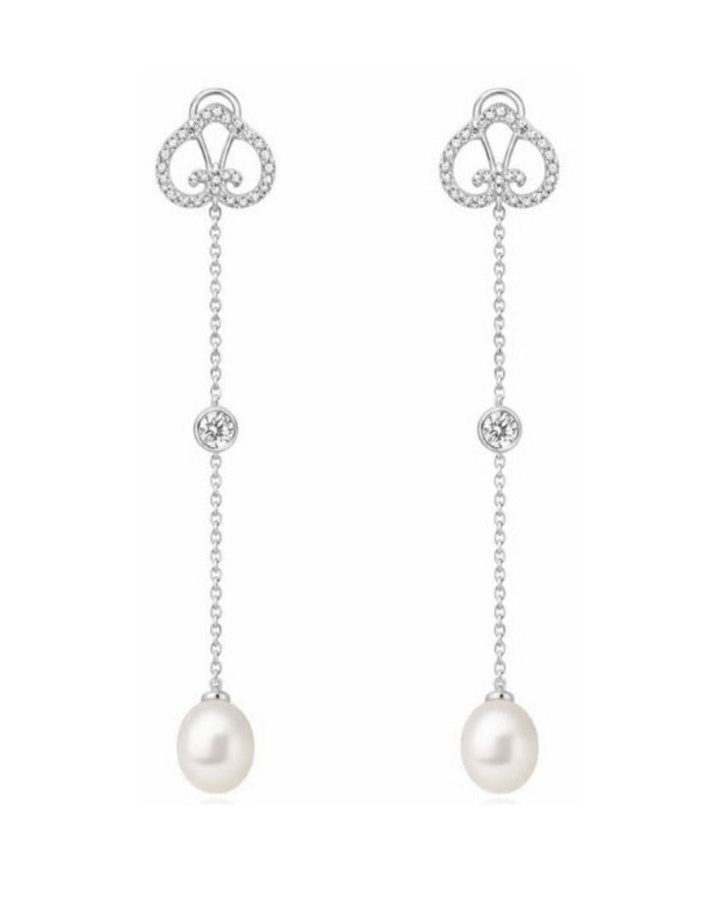 Heart Pearl Drop Short Earrings | Rhodium