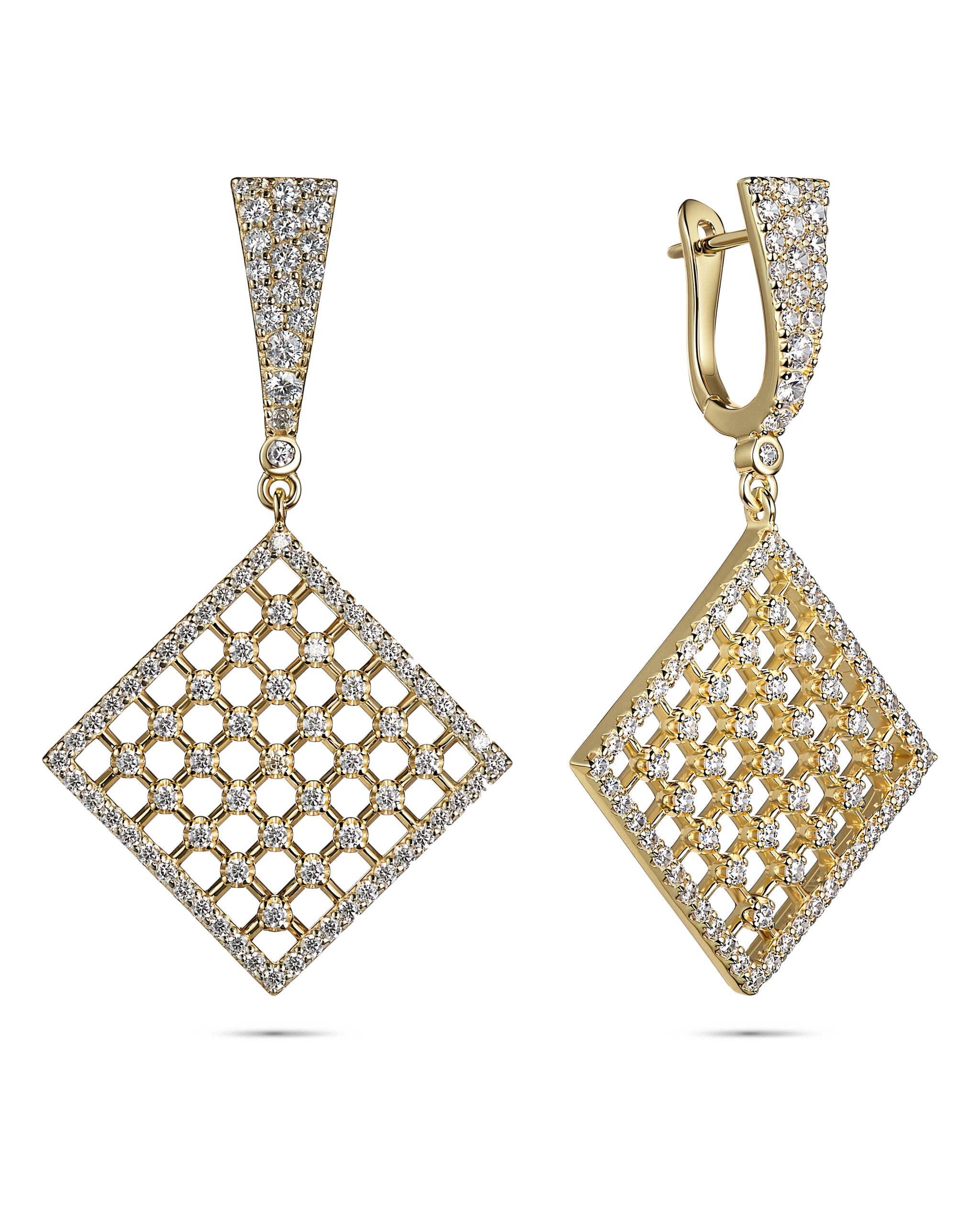 Gold earrings with diamond lattice design on a white background