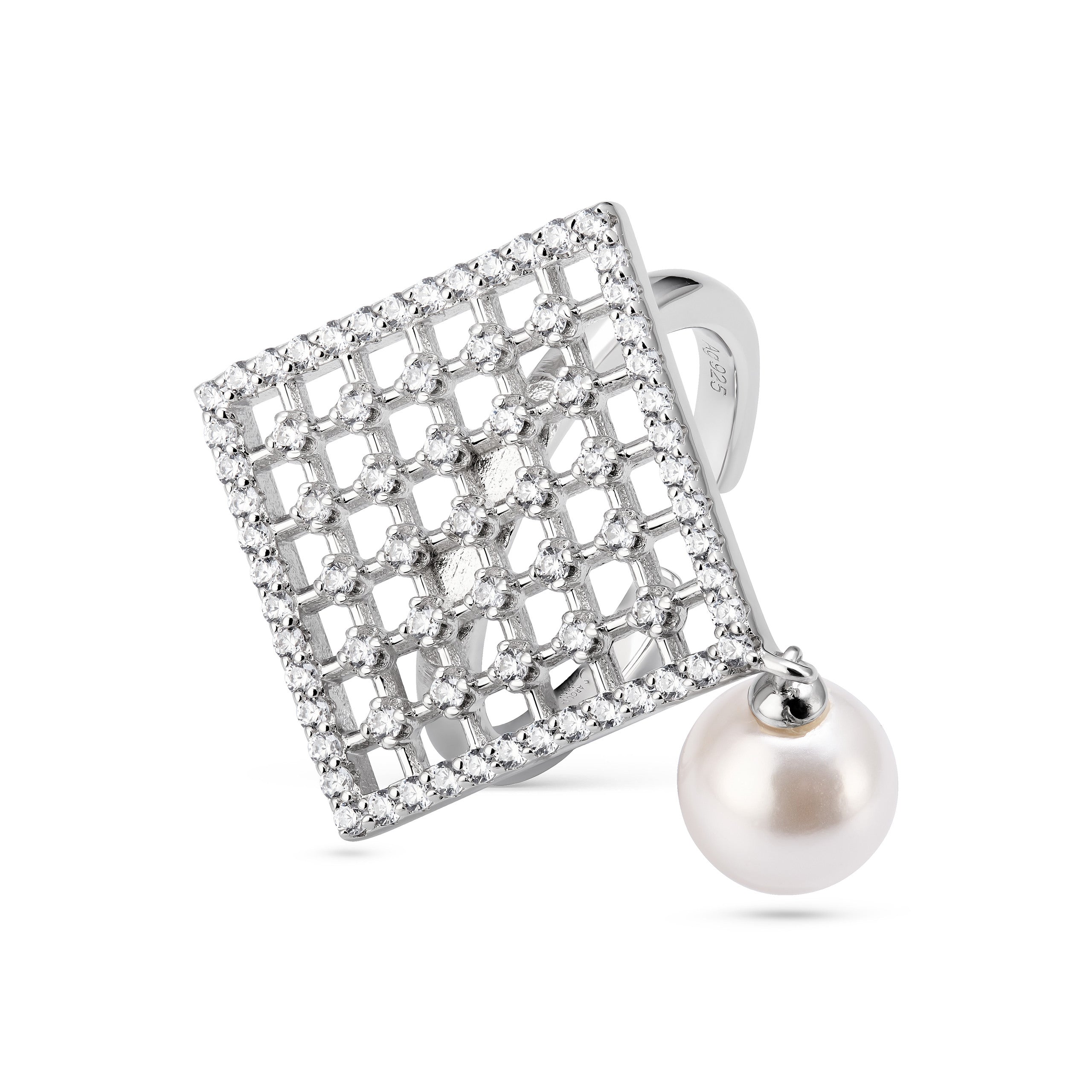 Silver earring with grid design and pearl on a white background