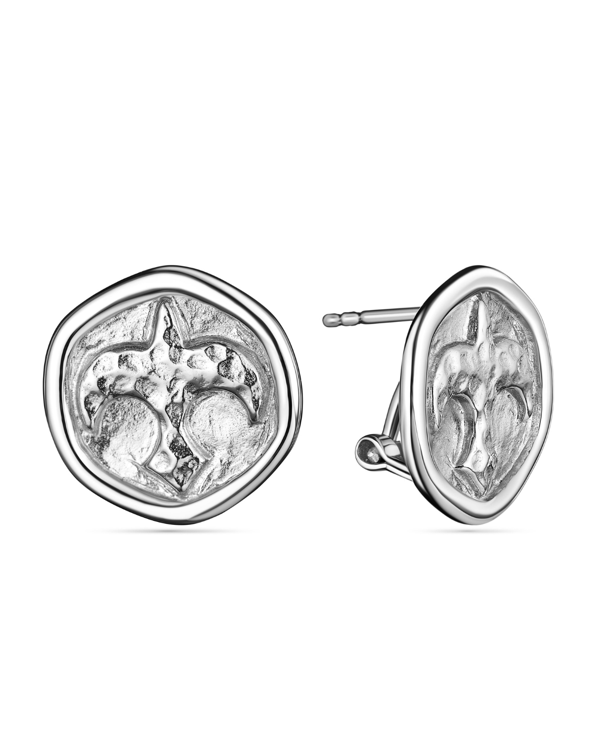 Silver stud earrings with intricate design on a white background