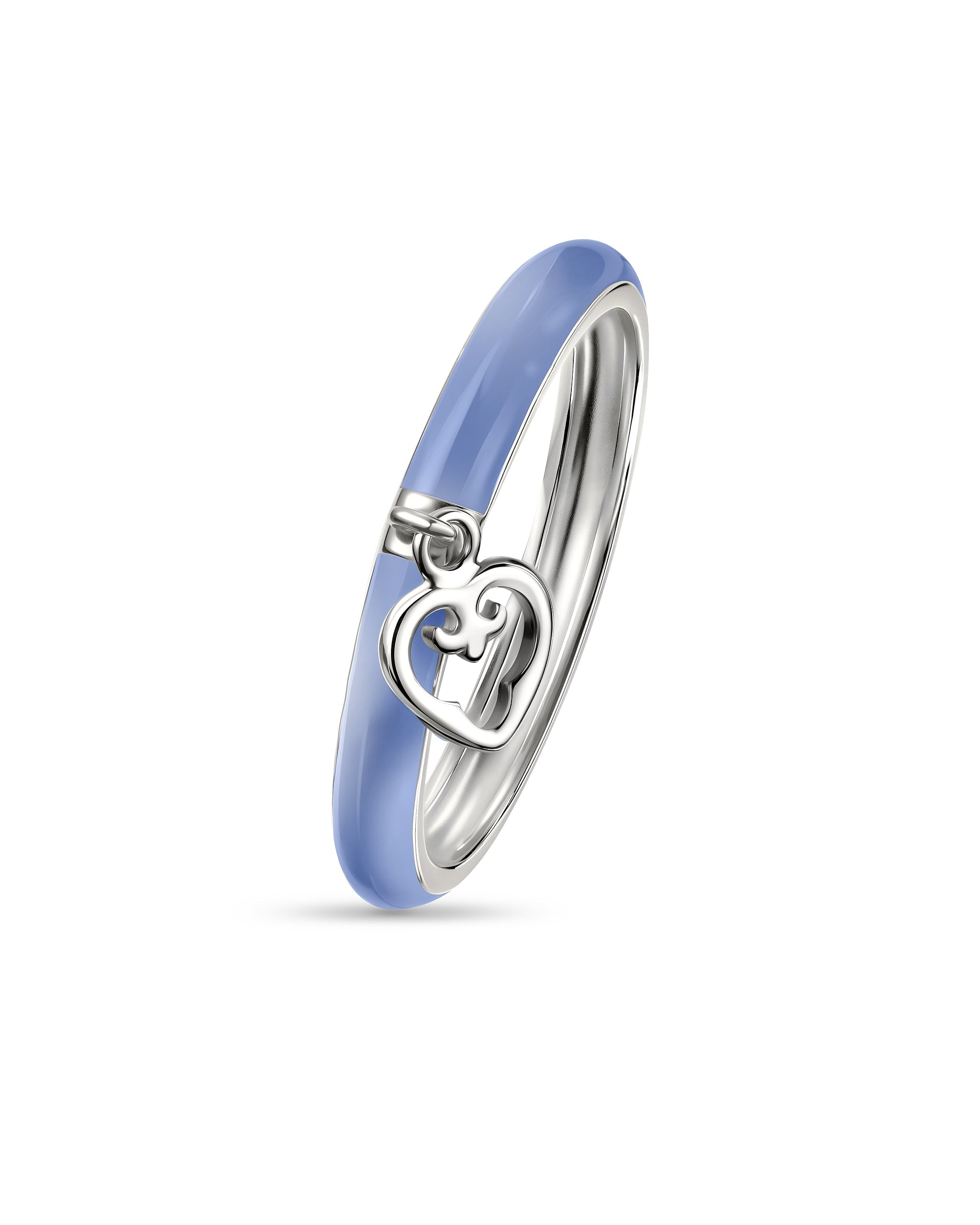 Silver ring with a blue ceramic band on a white background