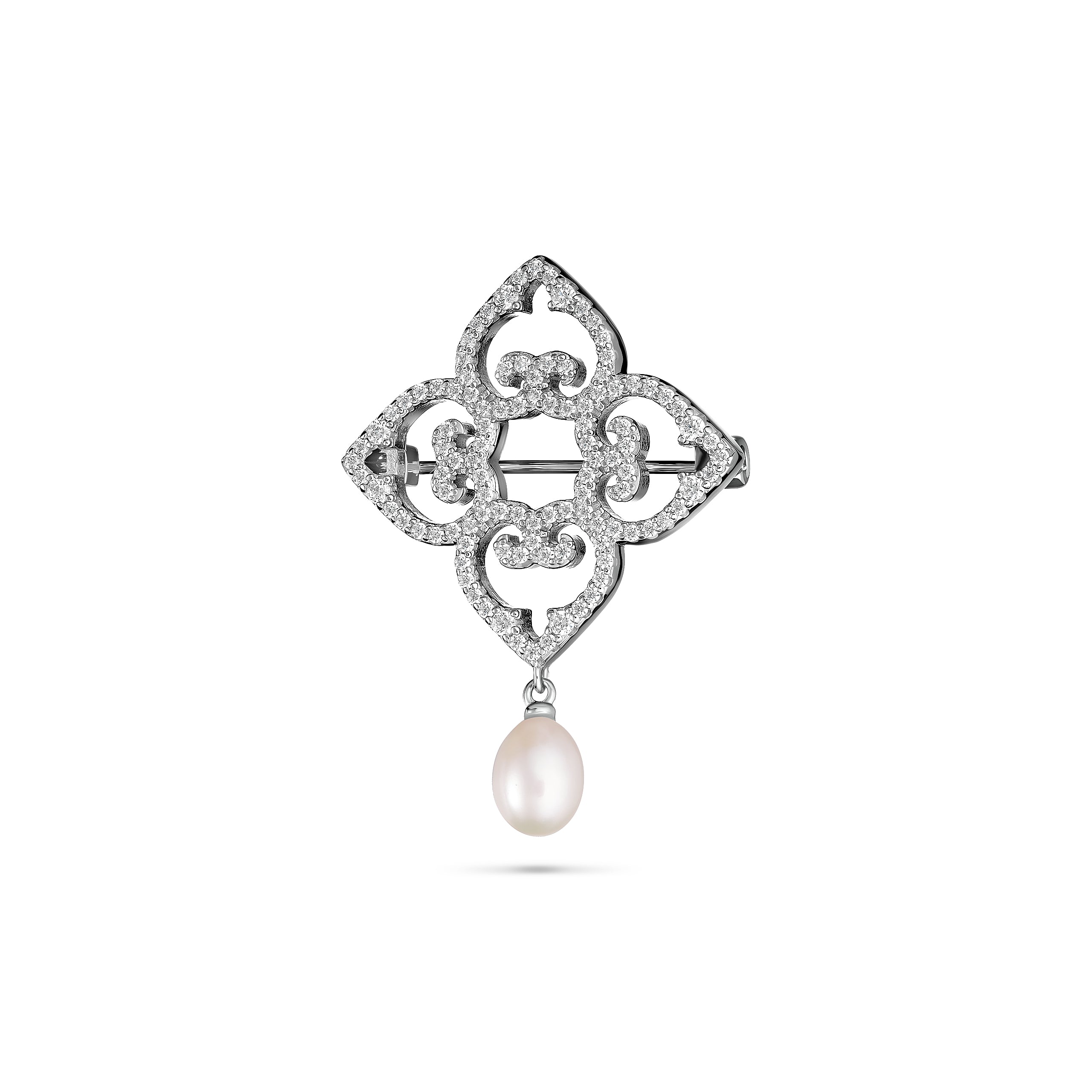 Decorative brooch with a pearl on a white background