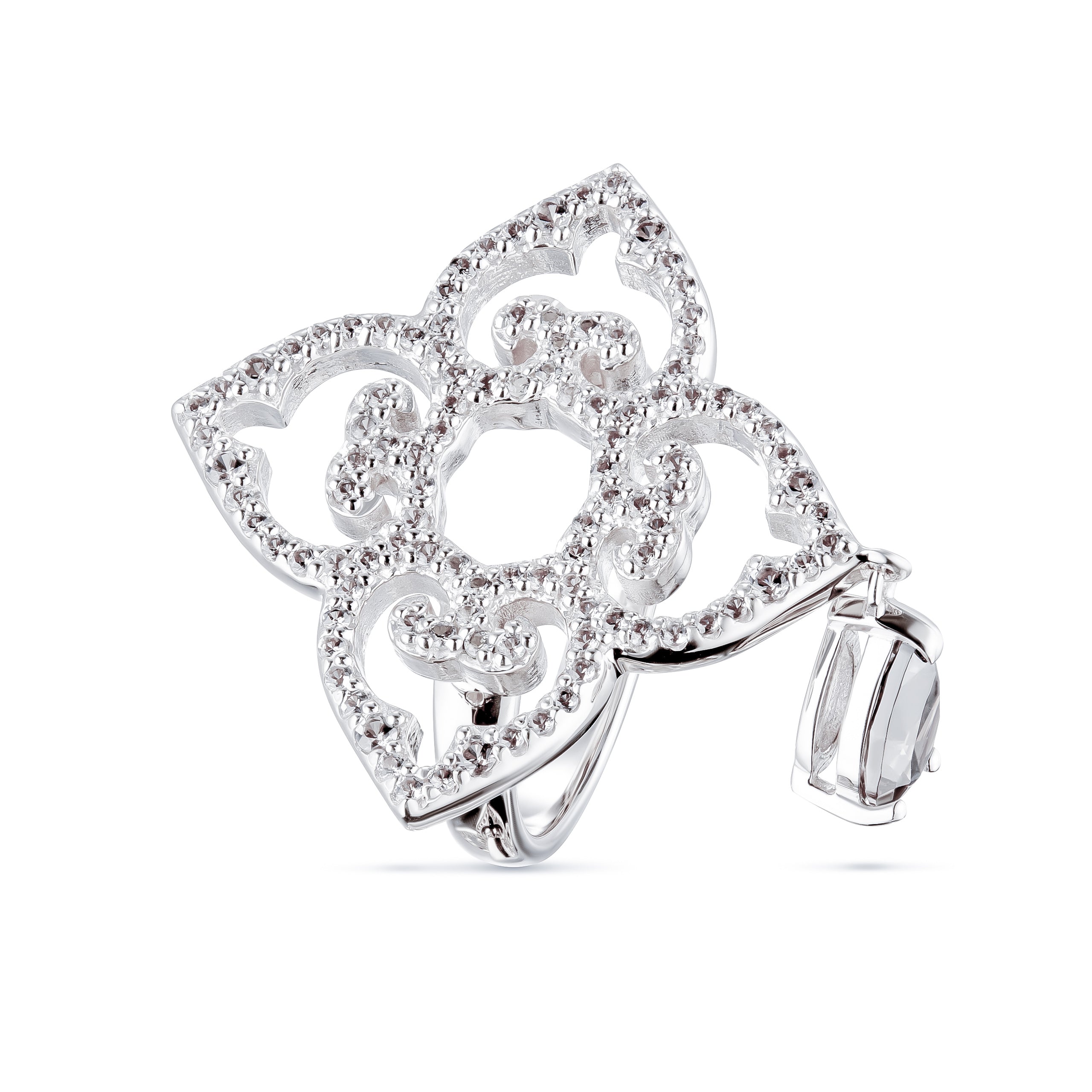 Silver ring with diamond accents on a white background