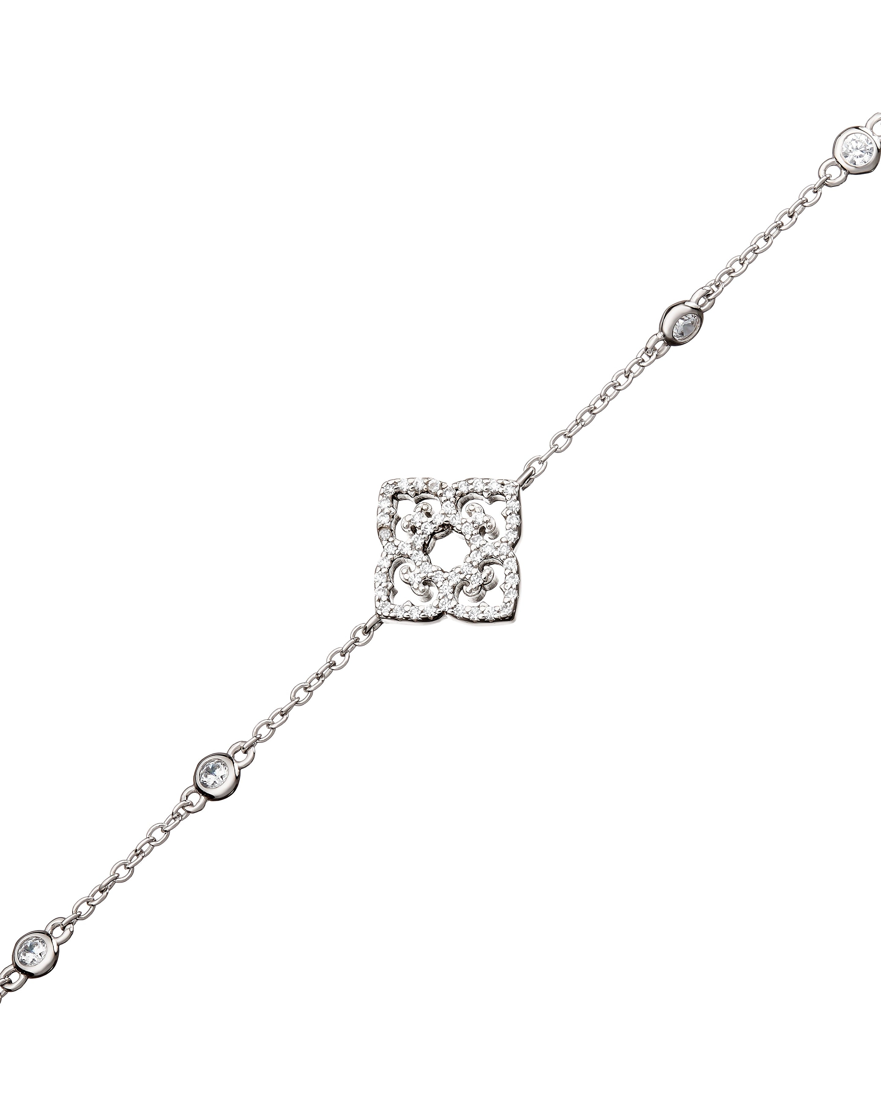 Rhodium plated bracelet with zirconia stones and decorative centerpiece