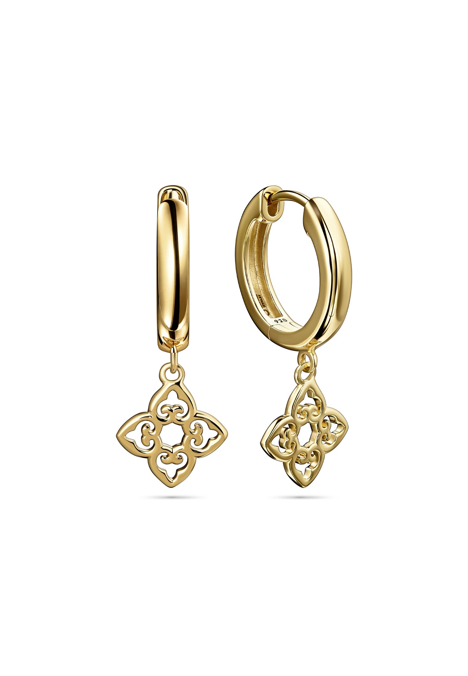 Gold hoop earrings with clover-shaped charms on a white background