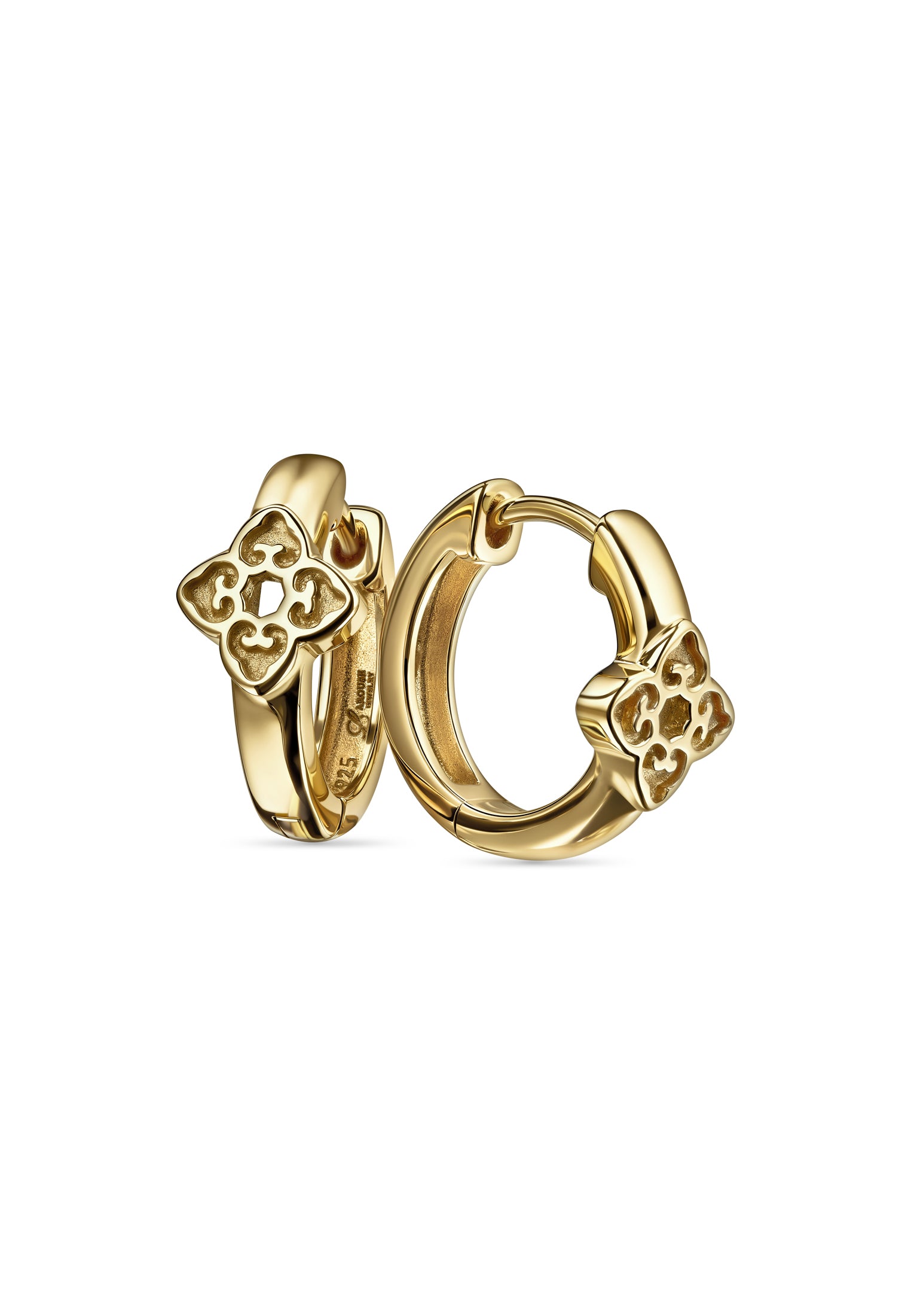 Gold hoop earrings with paw print design on a white background