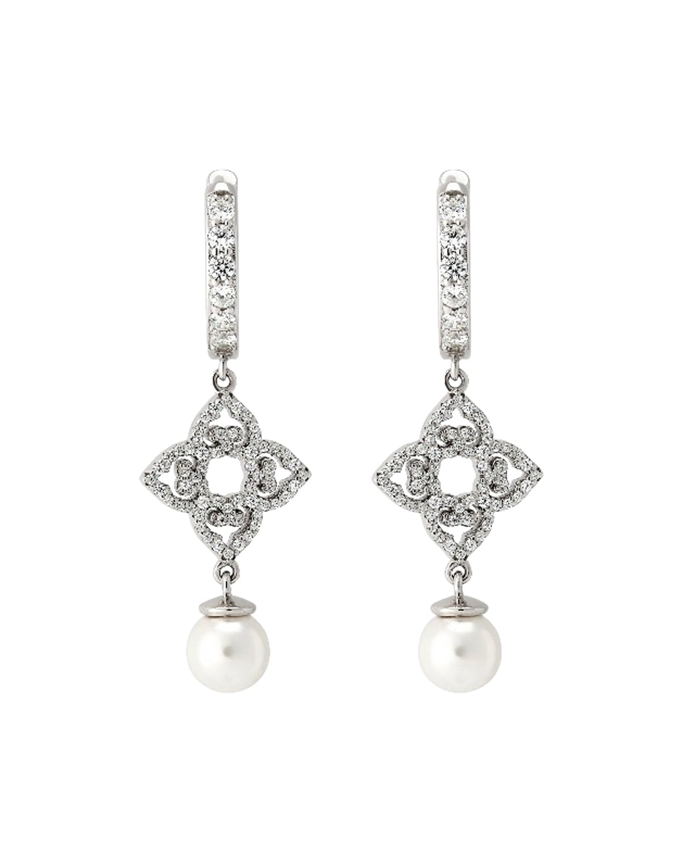 Pair of diamond and pearl earrings on a white background