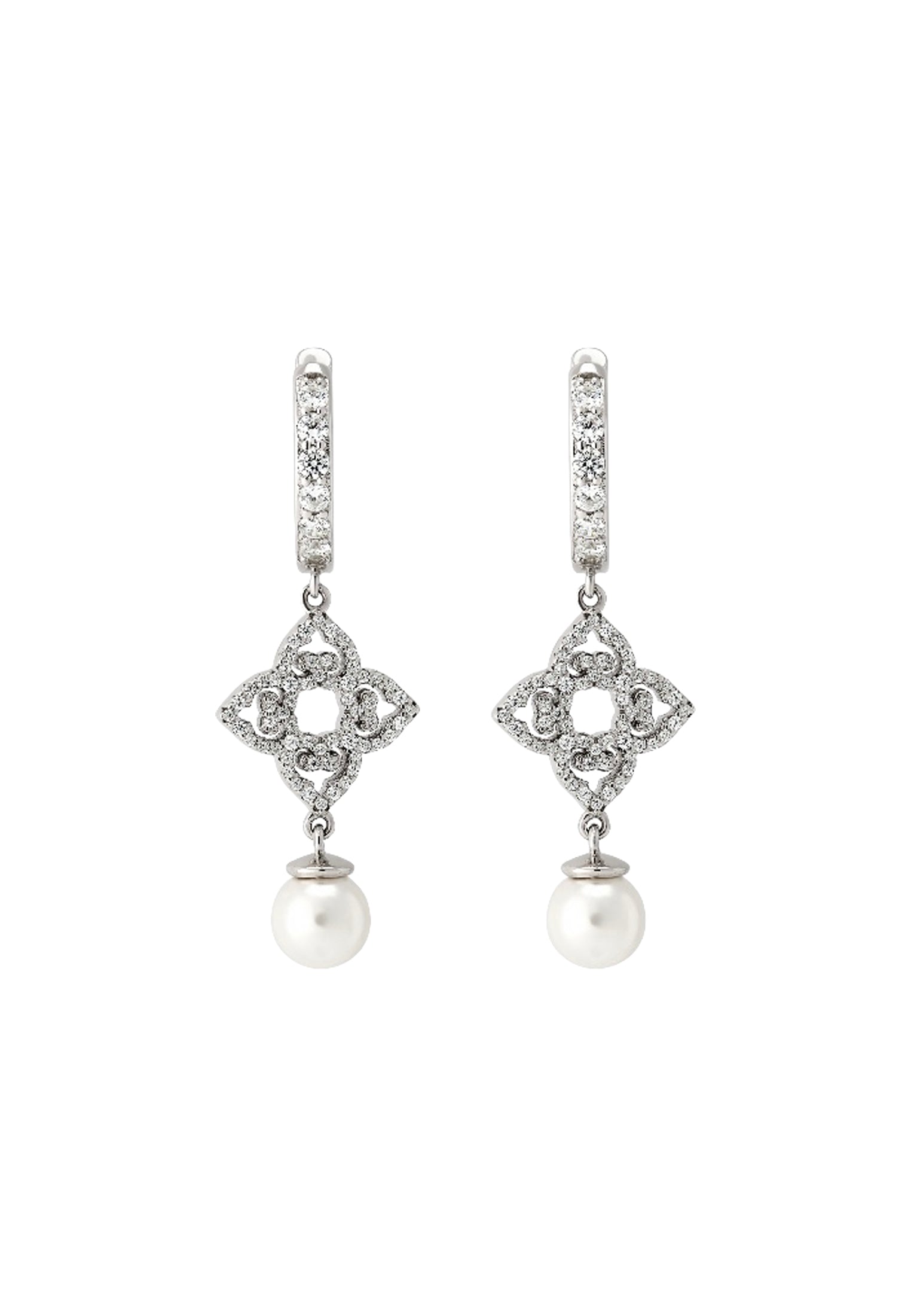 Pair of diamond and pearl earrings on a white background