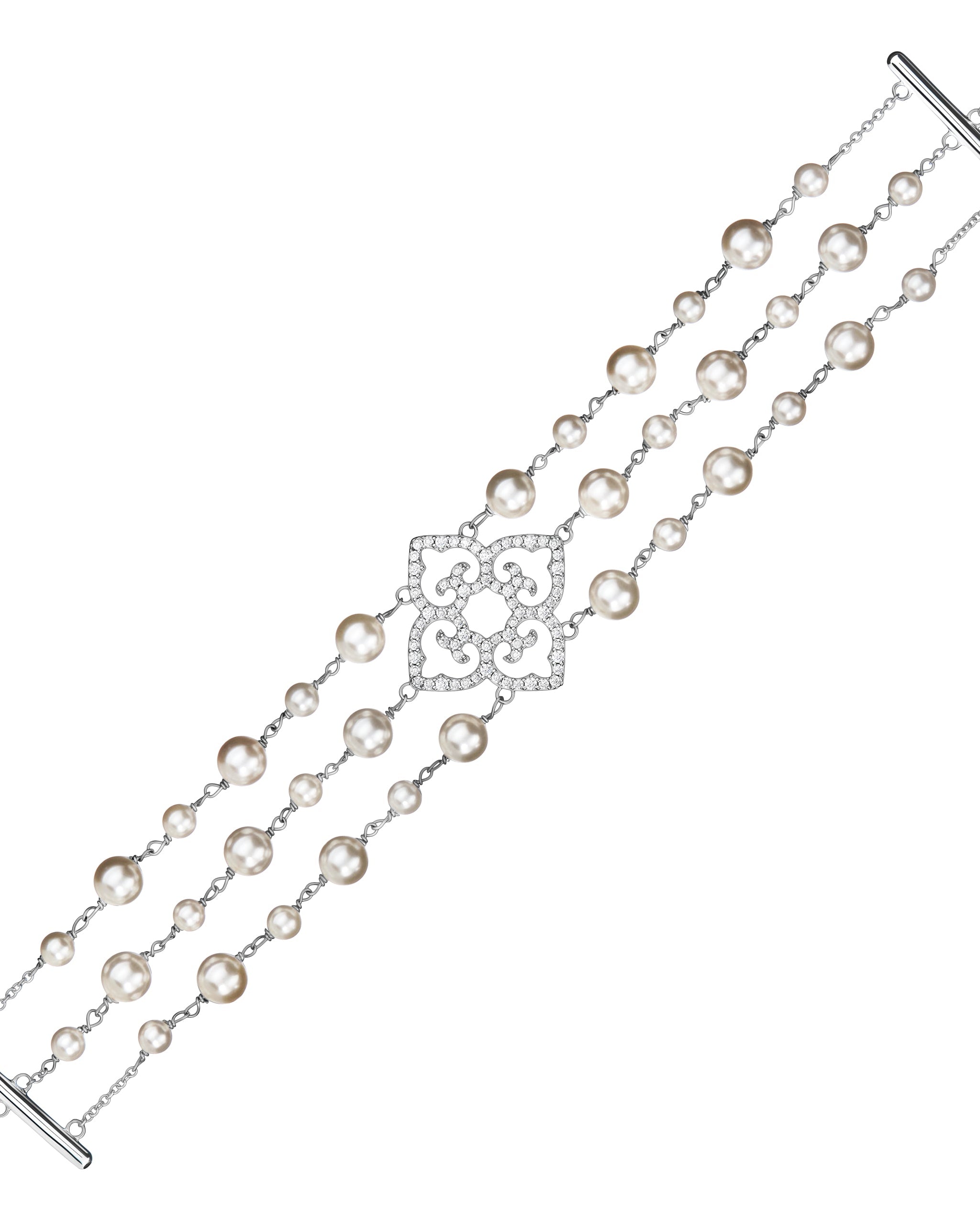 Rhodium plated multi chain bracelet with pearls and zirconia centerpiece