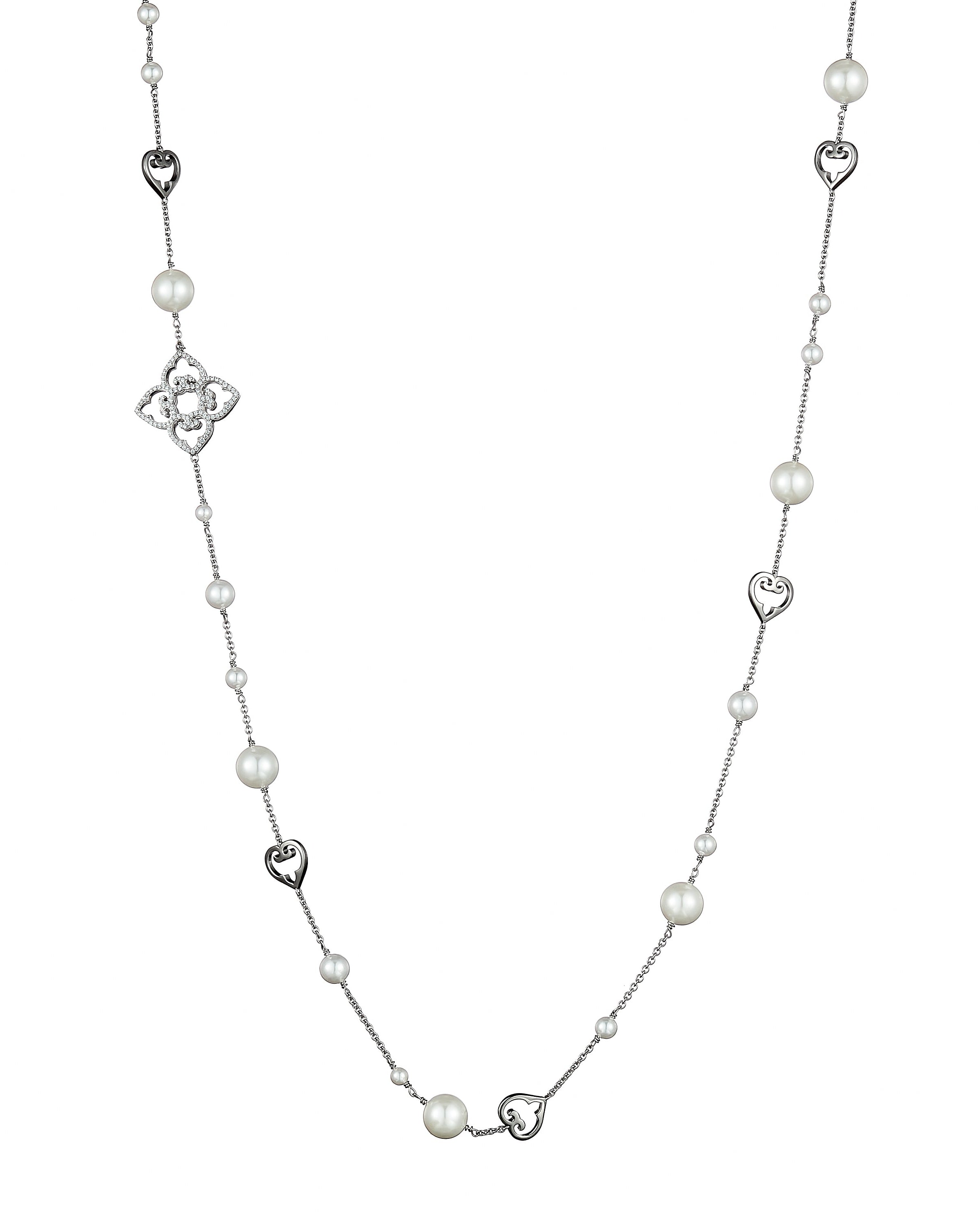 Pearl necklace with heart and clover-shaped clasps on a white background