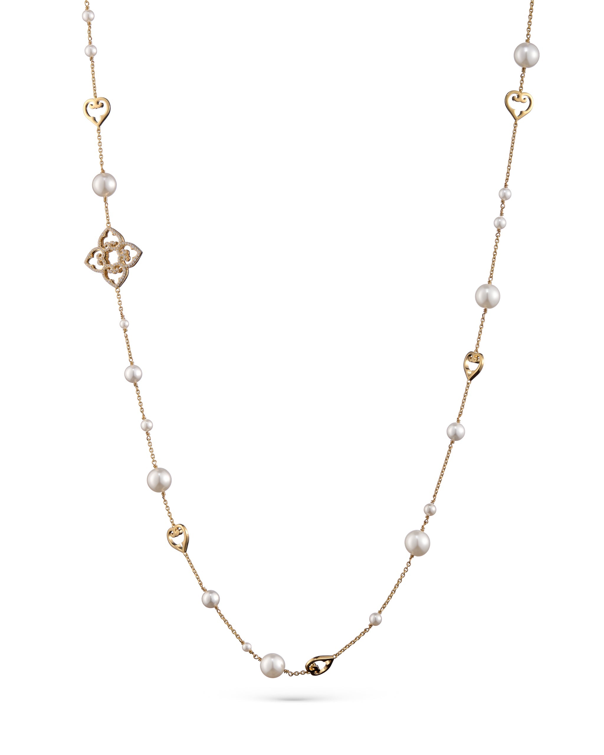 Pearl necklace with gold clasp on a white background