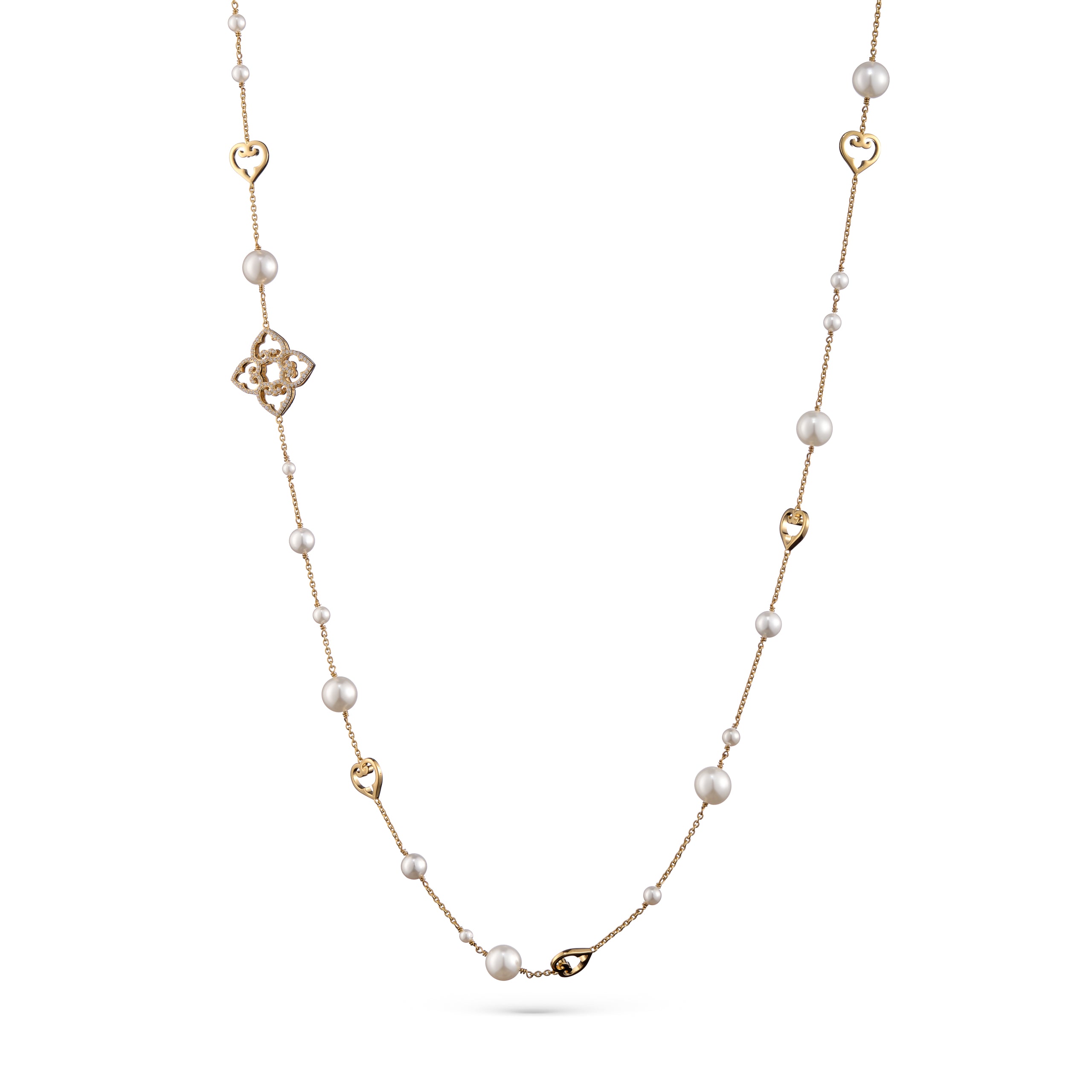 Pearl necklace with gold clasp on a white background