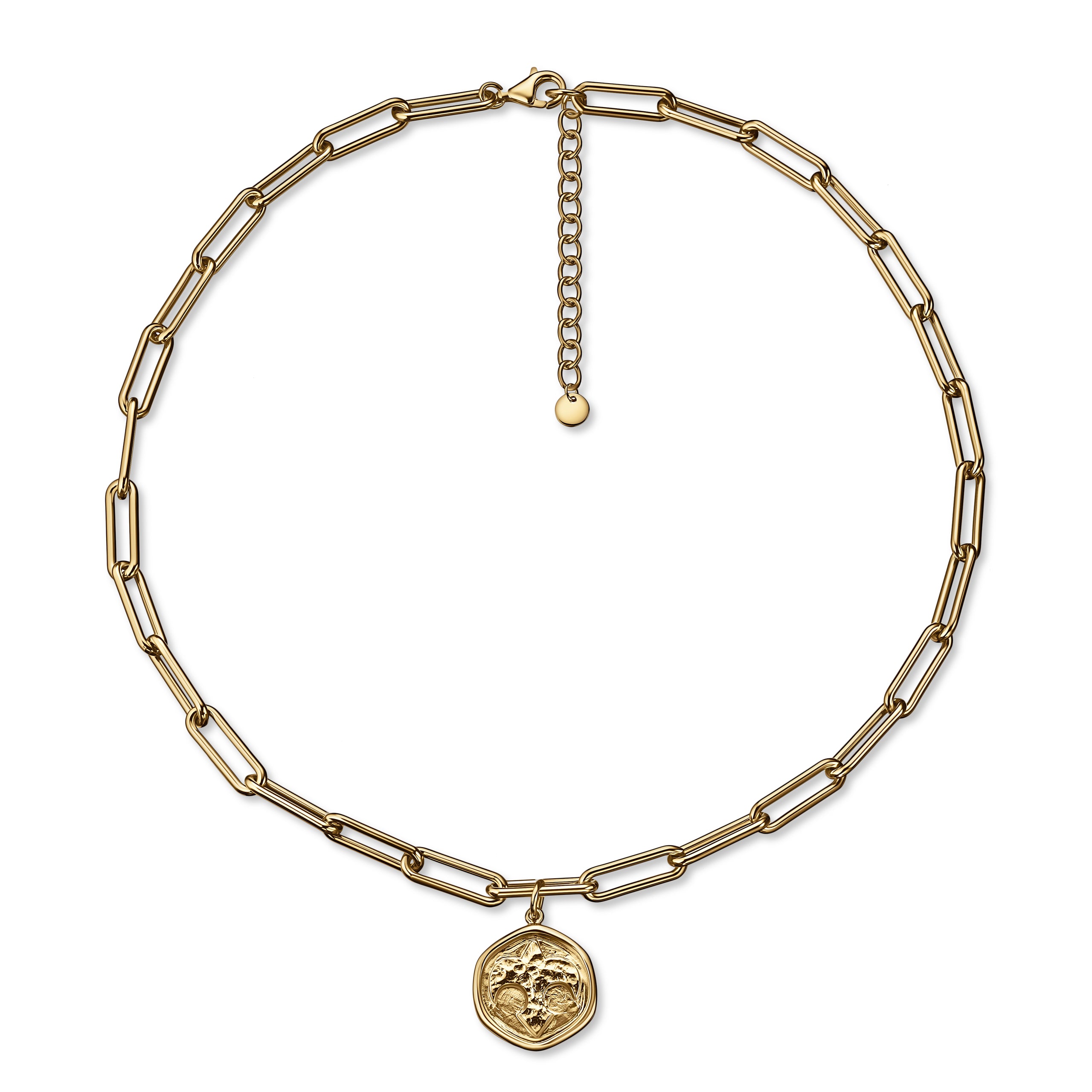 Gold chain necklace with a pendant on a white background