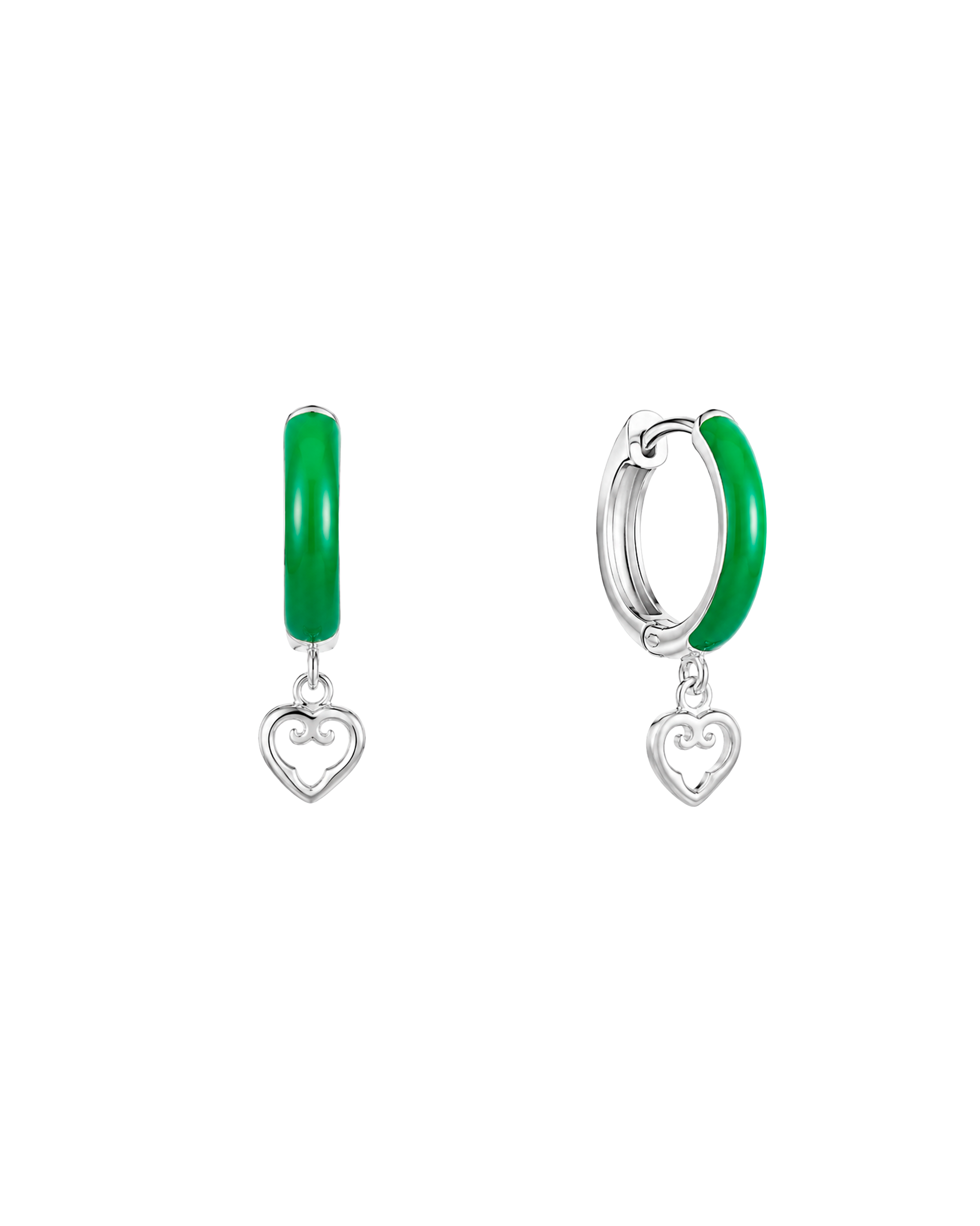 Green Enamel Heart Earrings | Rhodium
