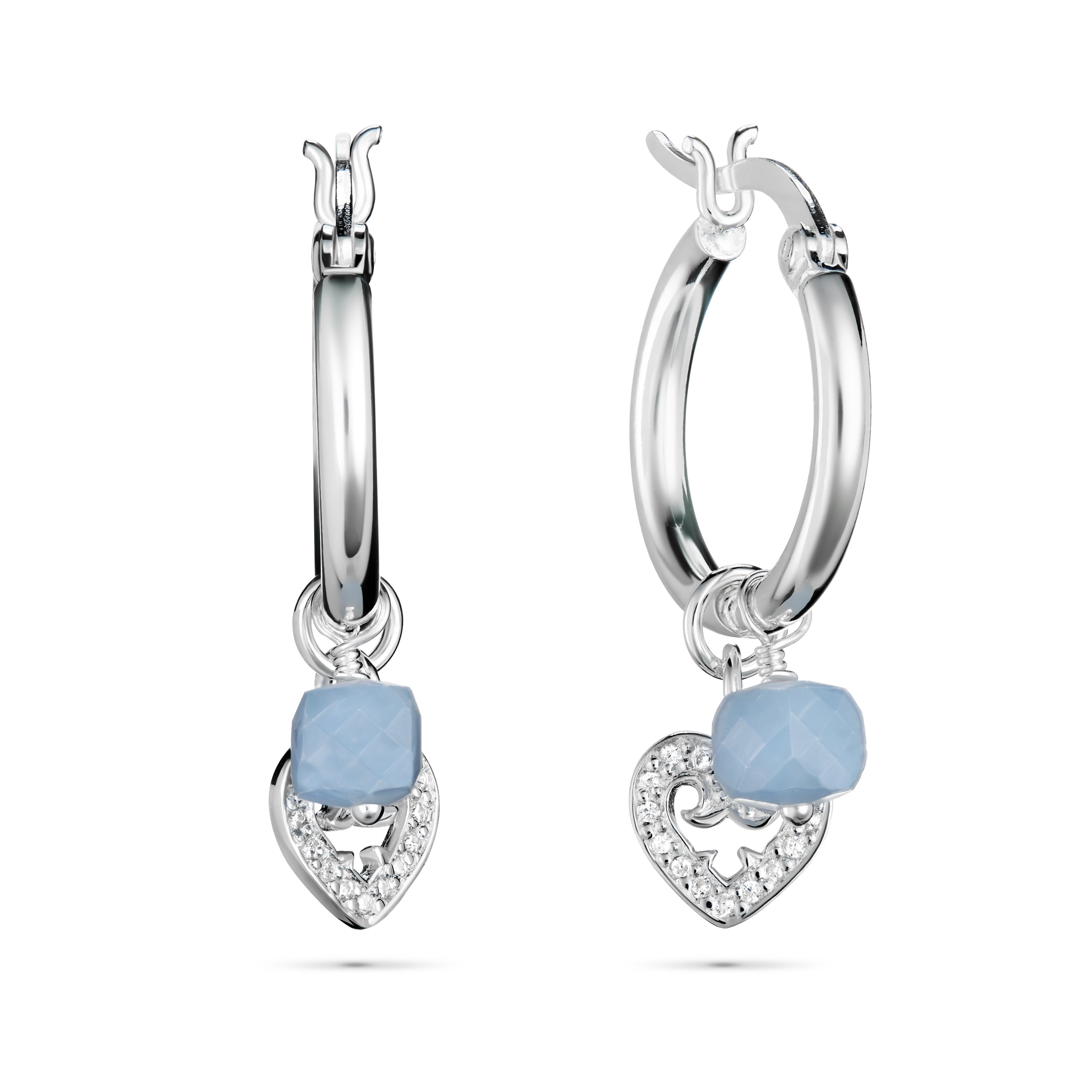 Silver hoop earrings with heart-shaped blue stones and clear gemstones on a white background