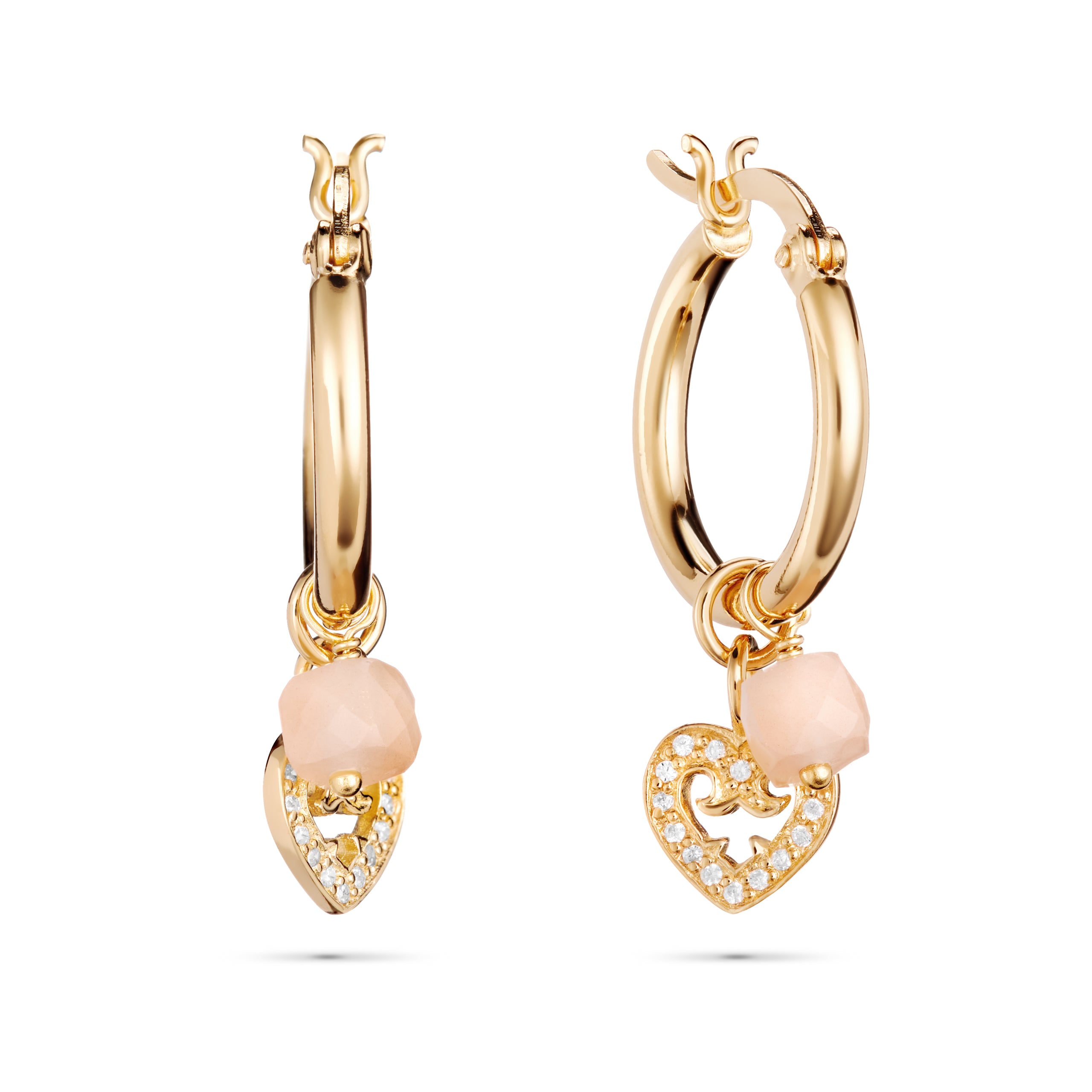 Gold hoop earrings with heart-shaped charms on a white background