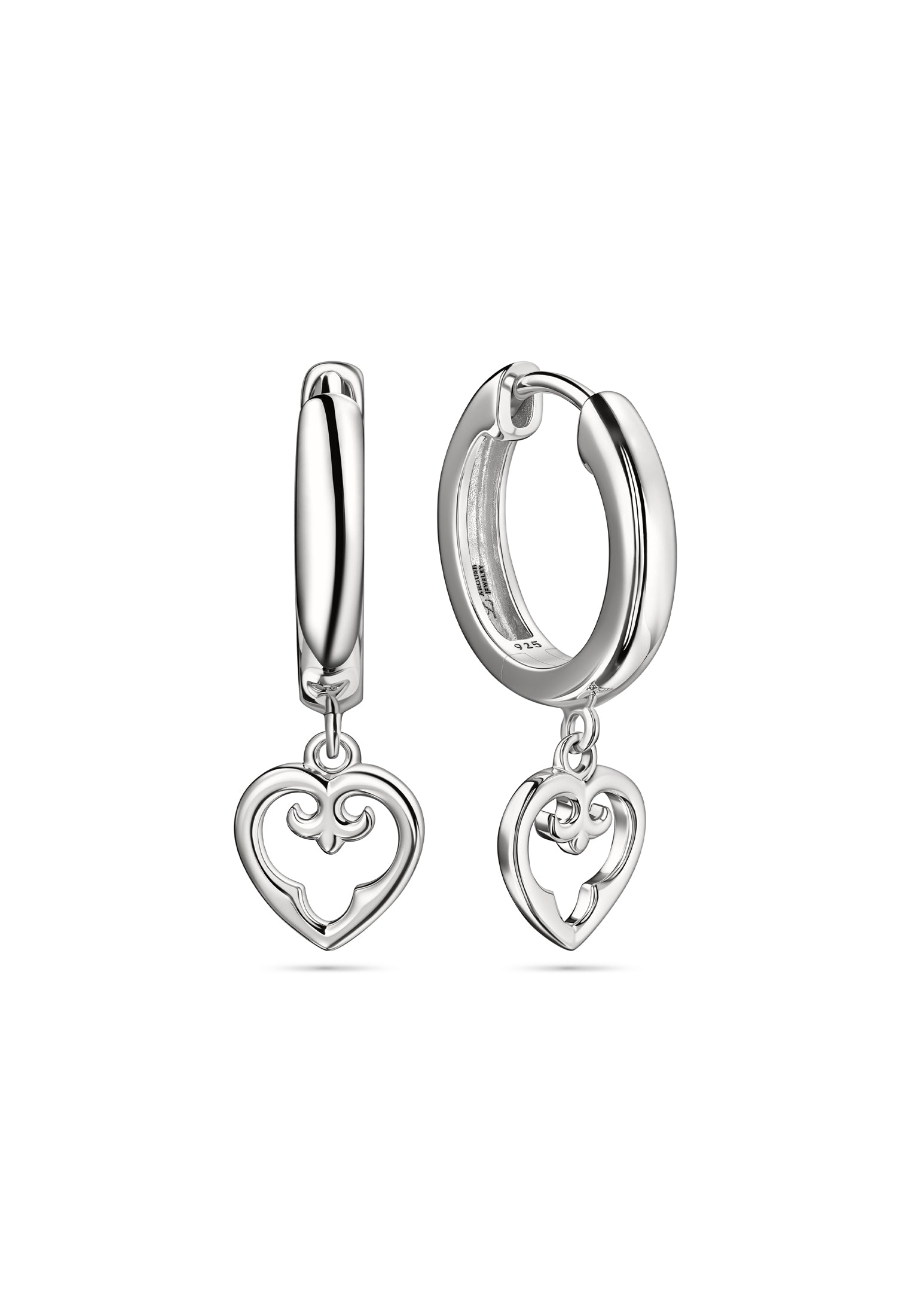 Pair of silver hoop earrings with heart-shaped charms on a white background